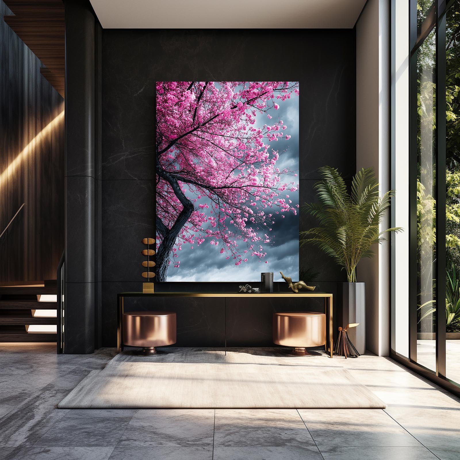 Stormy Sky Tree Cherry Blossom Wall Art – styled in a furnished interior