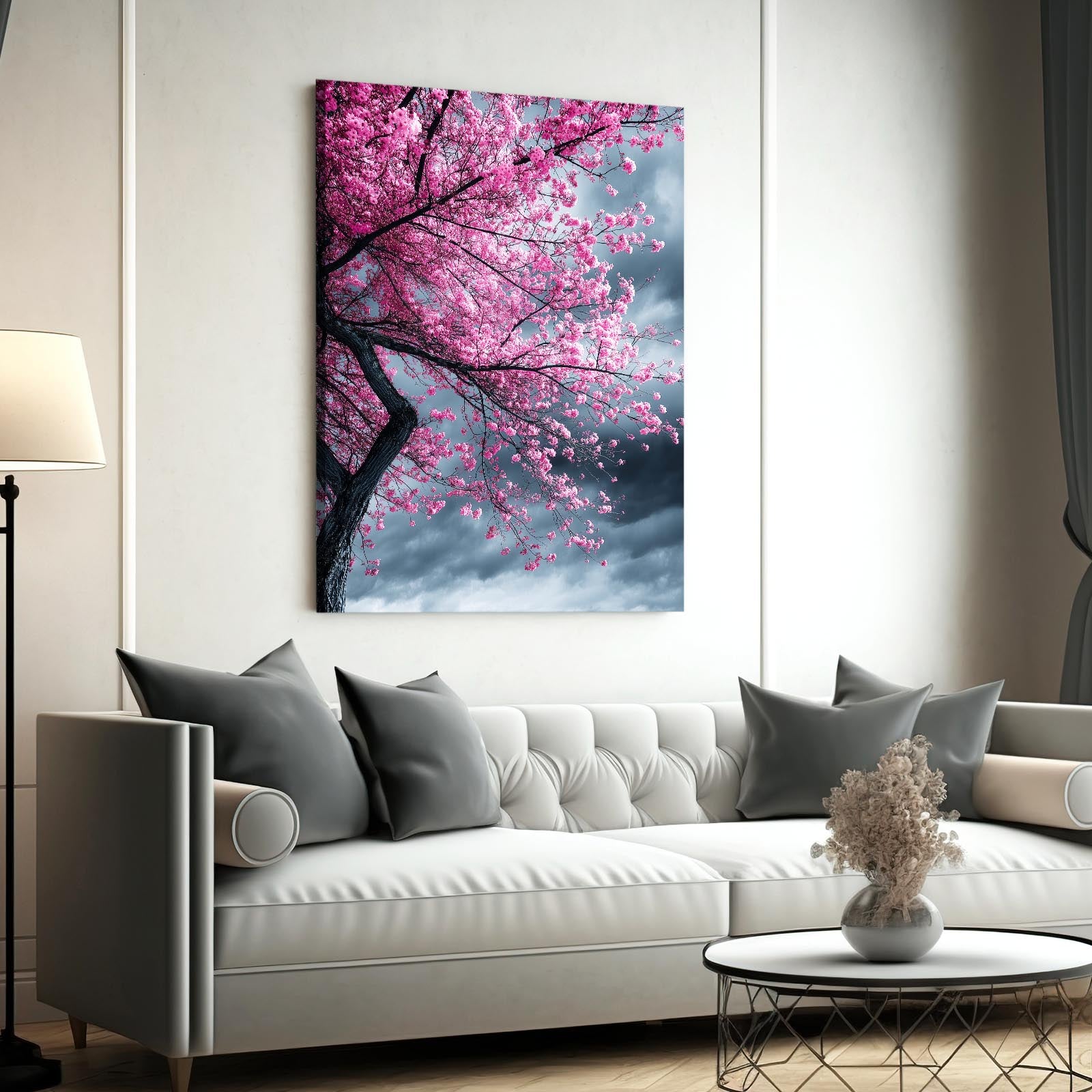 Stormy Sky Tree Cherry Blossom Wall Art – styled in a furnished interior