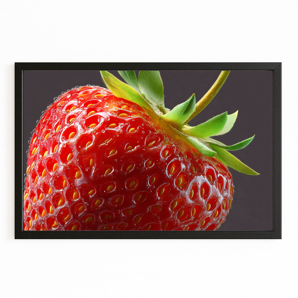 Strawberry Macro Closeup Fruit Wall Art – with Premium Black frame on white background
