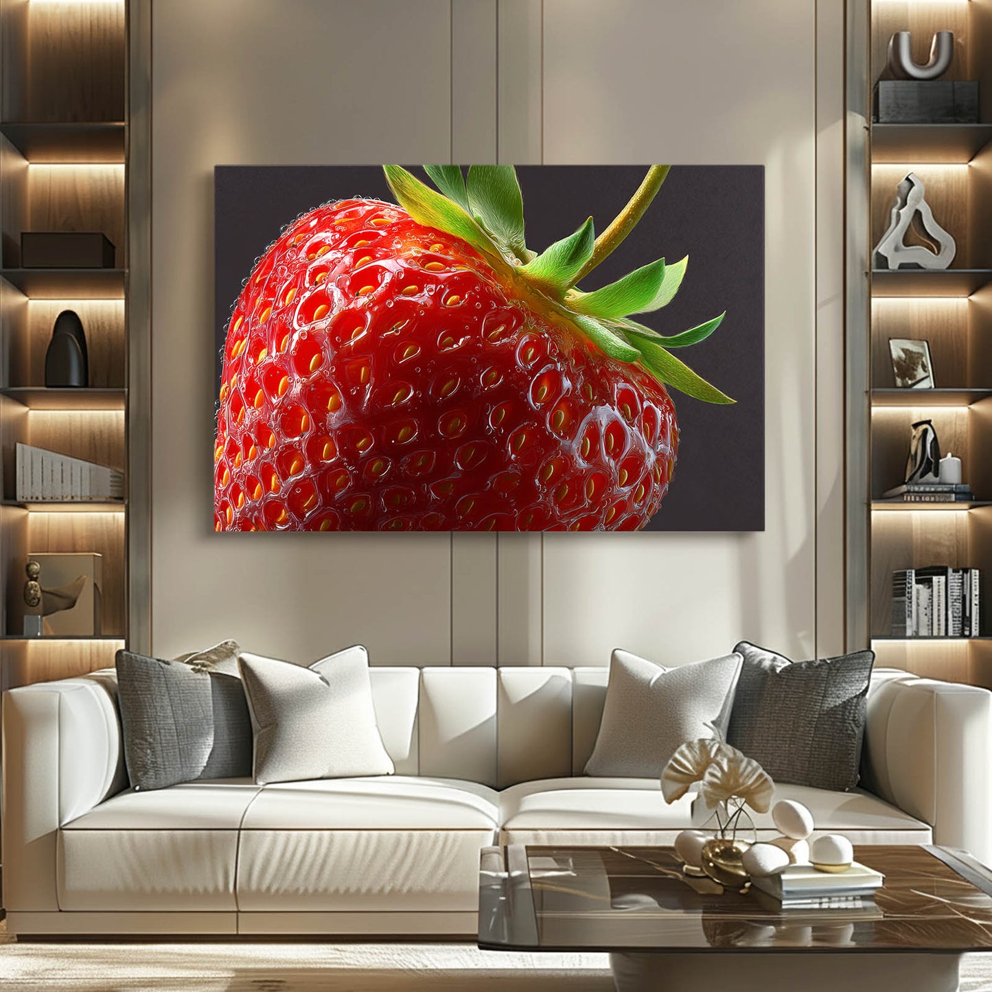 Strawberry Macro Closeup Fruit Wall Art – styled in a furnished interior