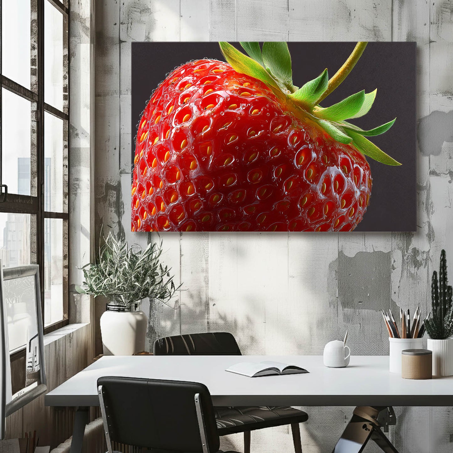 Strawberry Macro Closeup Fruit Wall Art – styled in a furnished interior