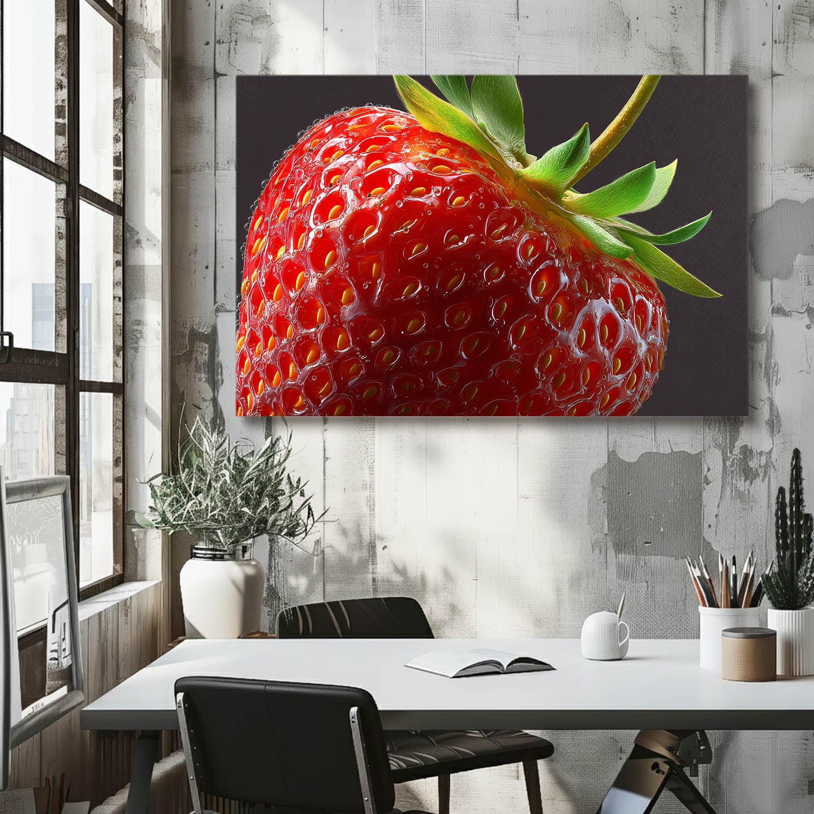 Strawberry Macro Closeup Fruit Wall Art – styled in a furnished interior