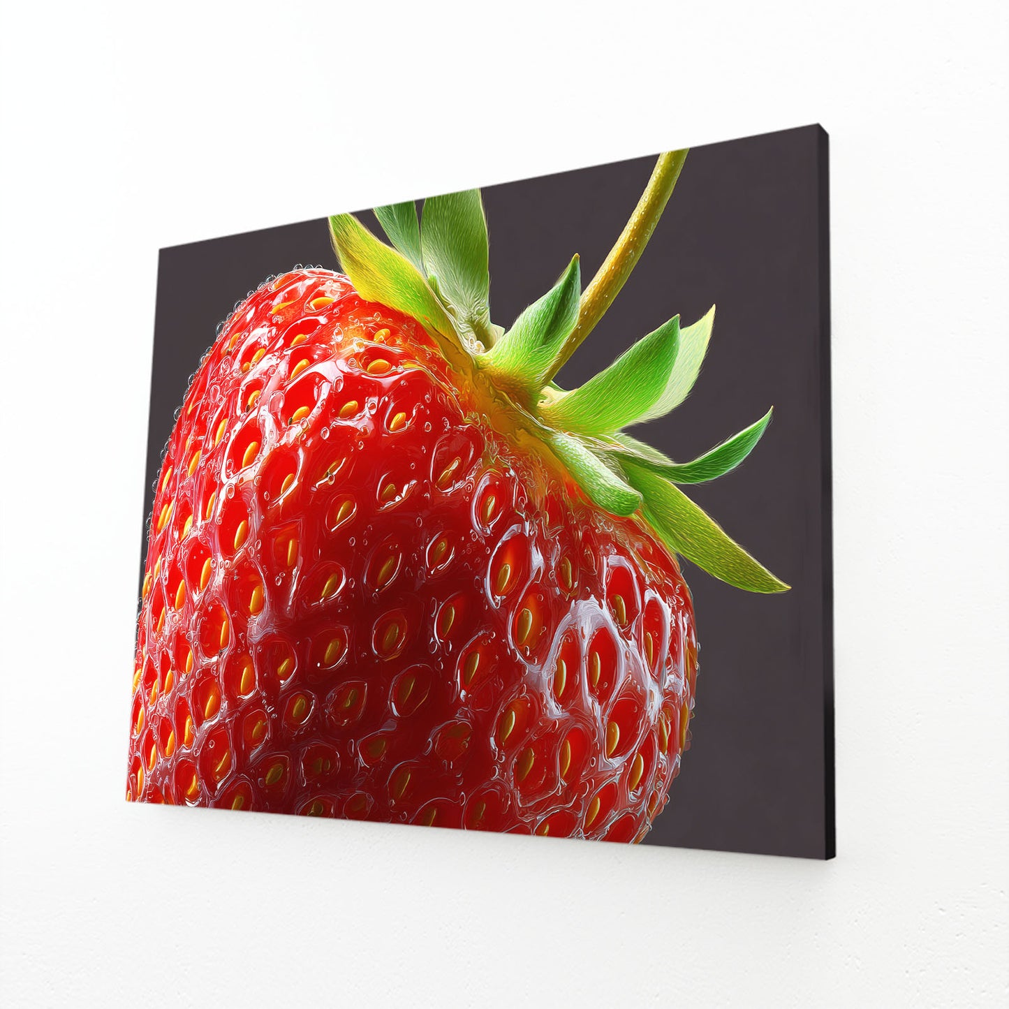 Strawberry Macro Closeup Fruit Wall Art – angled canvas view on white background