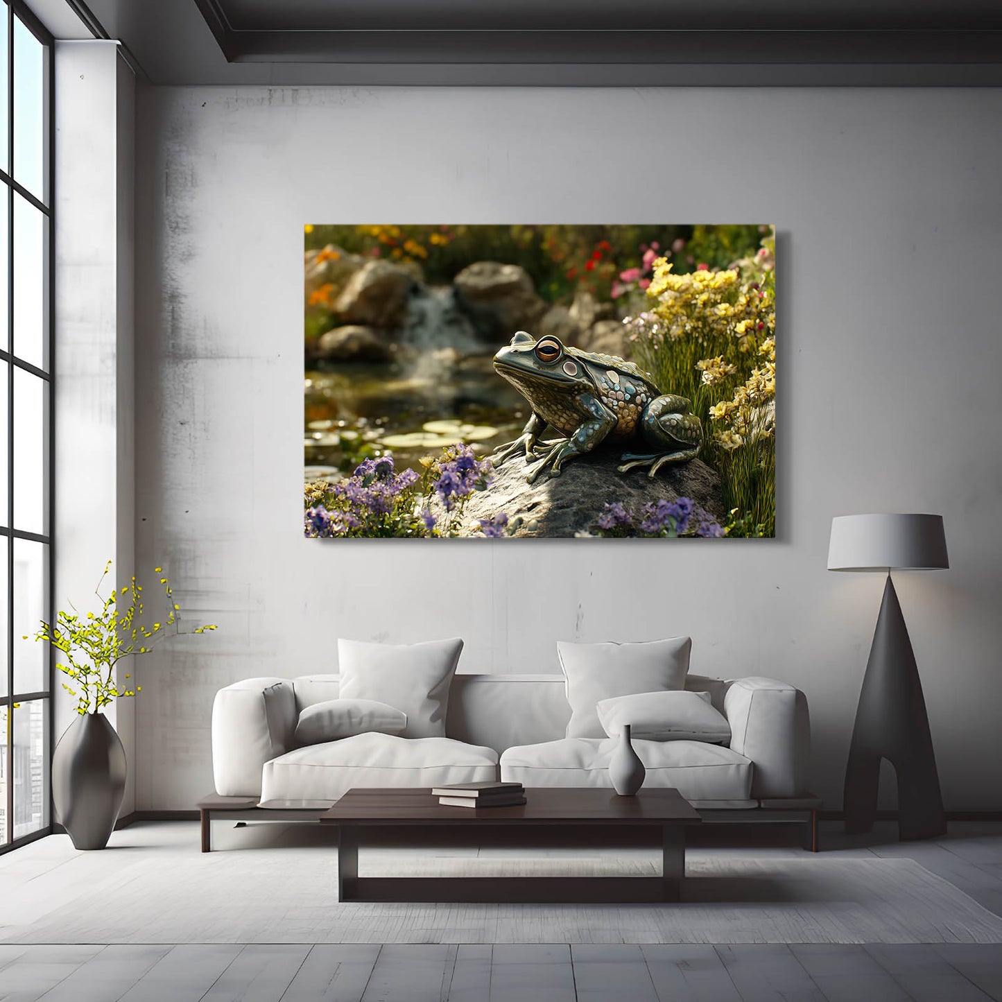 Streamside Wildflowers Frog Art – styled in a furnished interior