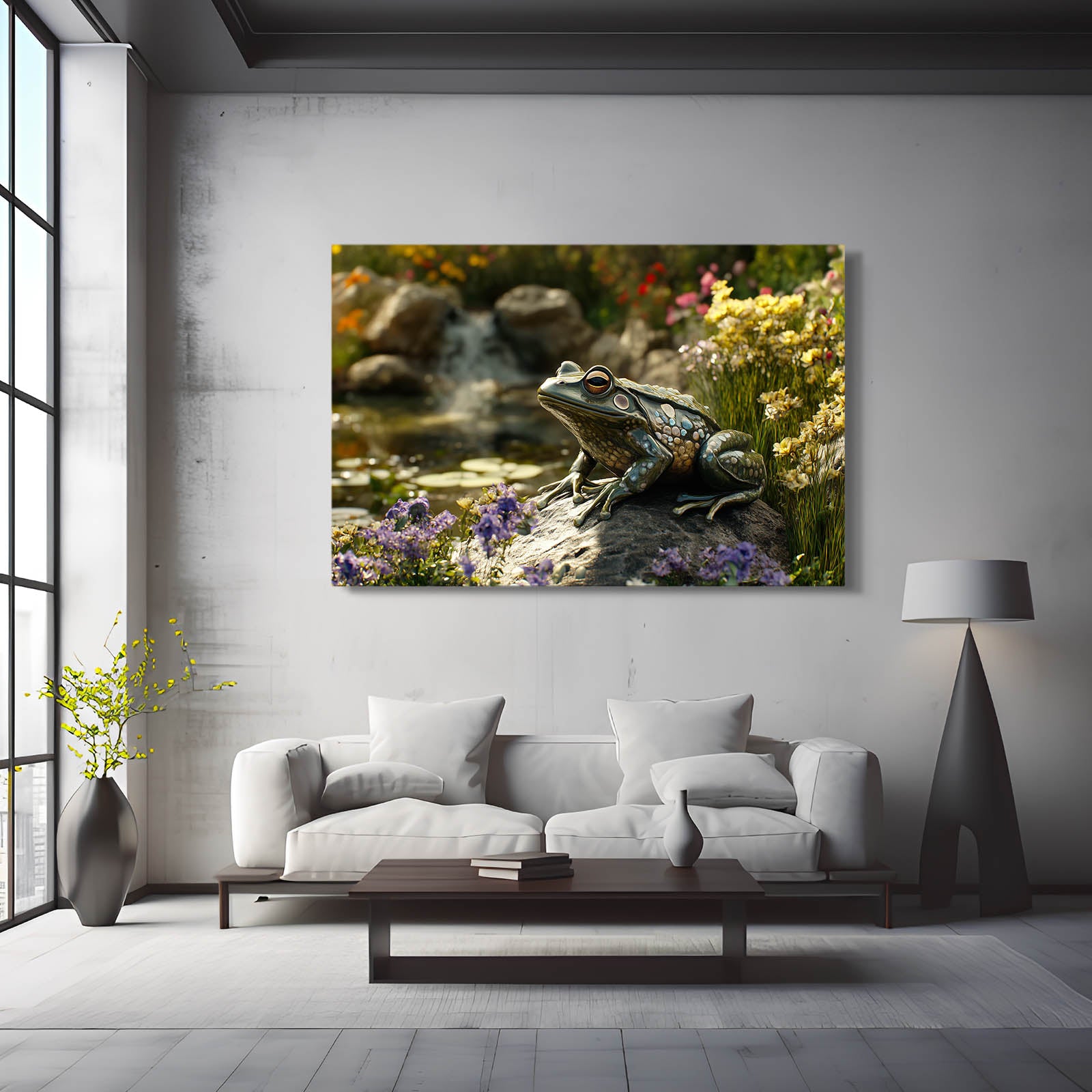 Streamside Wildflowers Frog Art – styled in a furnished interior