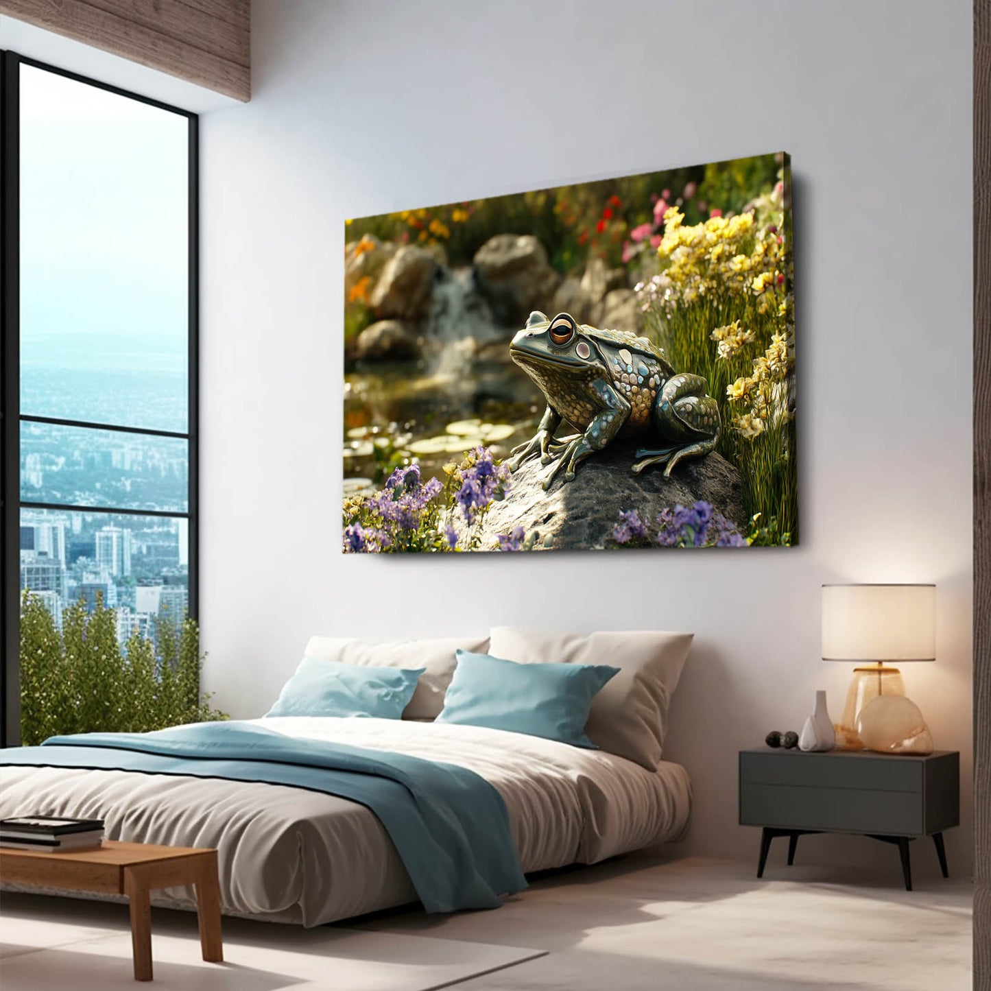 Streamside Wildflowers Frog Art – styled in a furnished interior