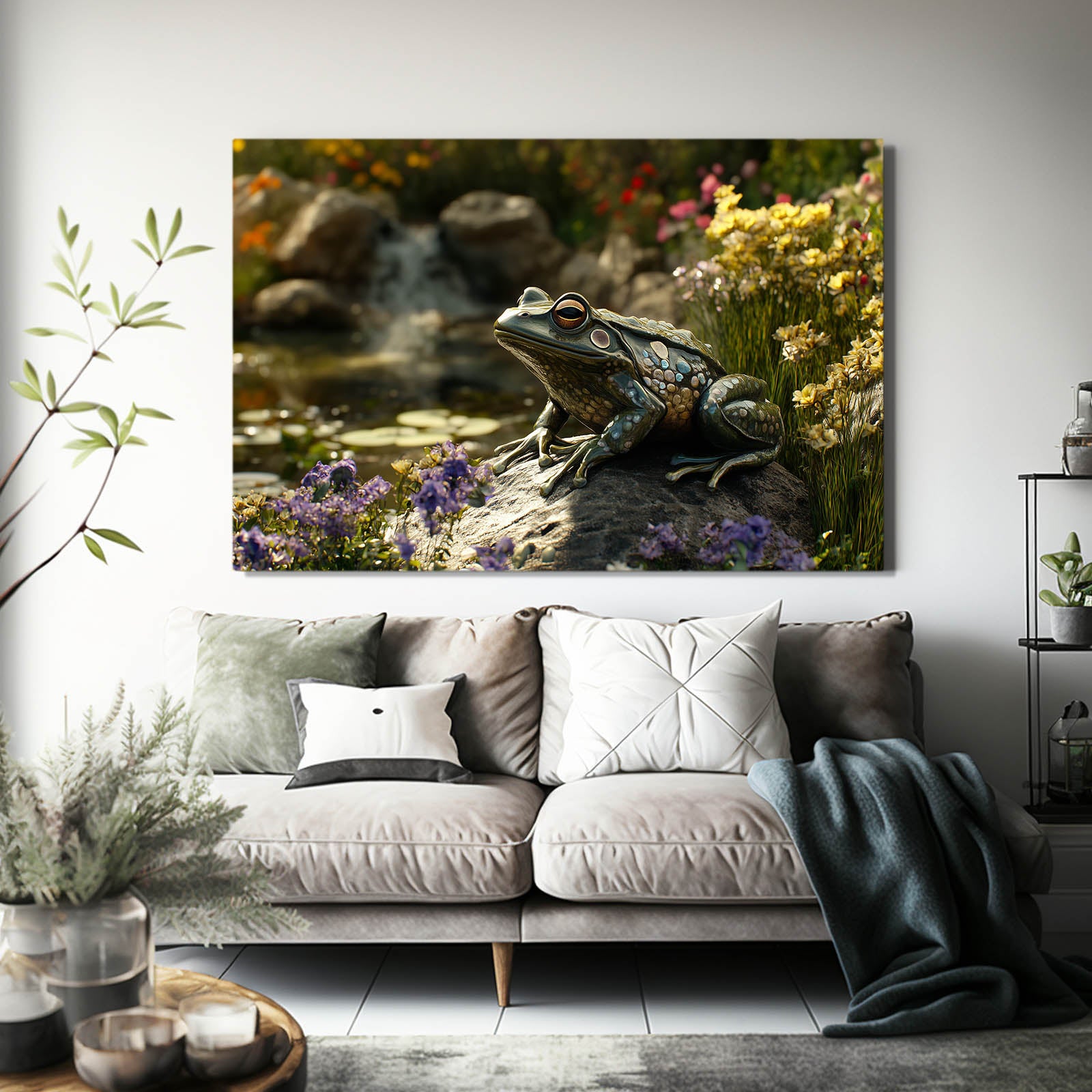 Streamside Wildflowers Frog Art – styled in a furnished interior