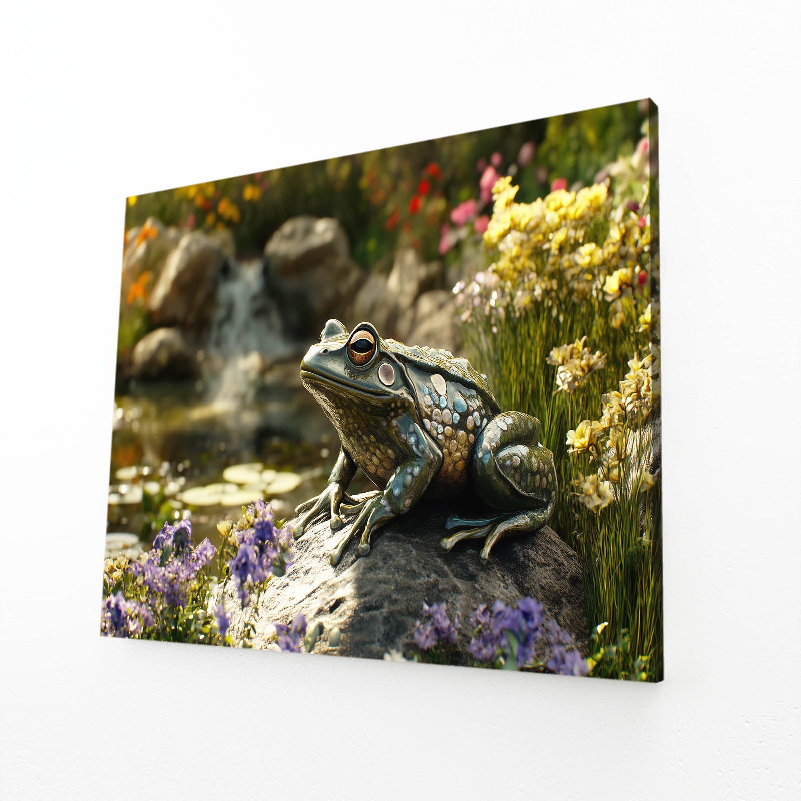 Streamside Wildflowers Frog Art – angled canvas view on white background