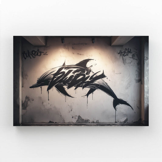Street Spray Dolphin Wall Art – dolphin sprayed in black paint on a raw urban wall with drips