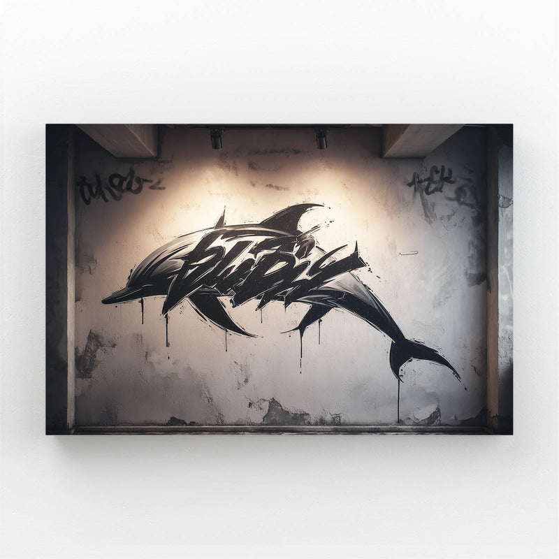 Street Spray Dolphin Wall Art – dolphin sprayed in black paint on a raw urban wall with drips