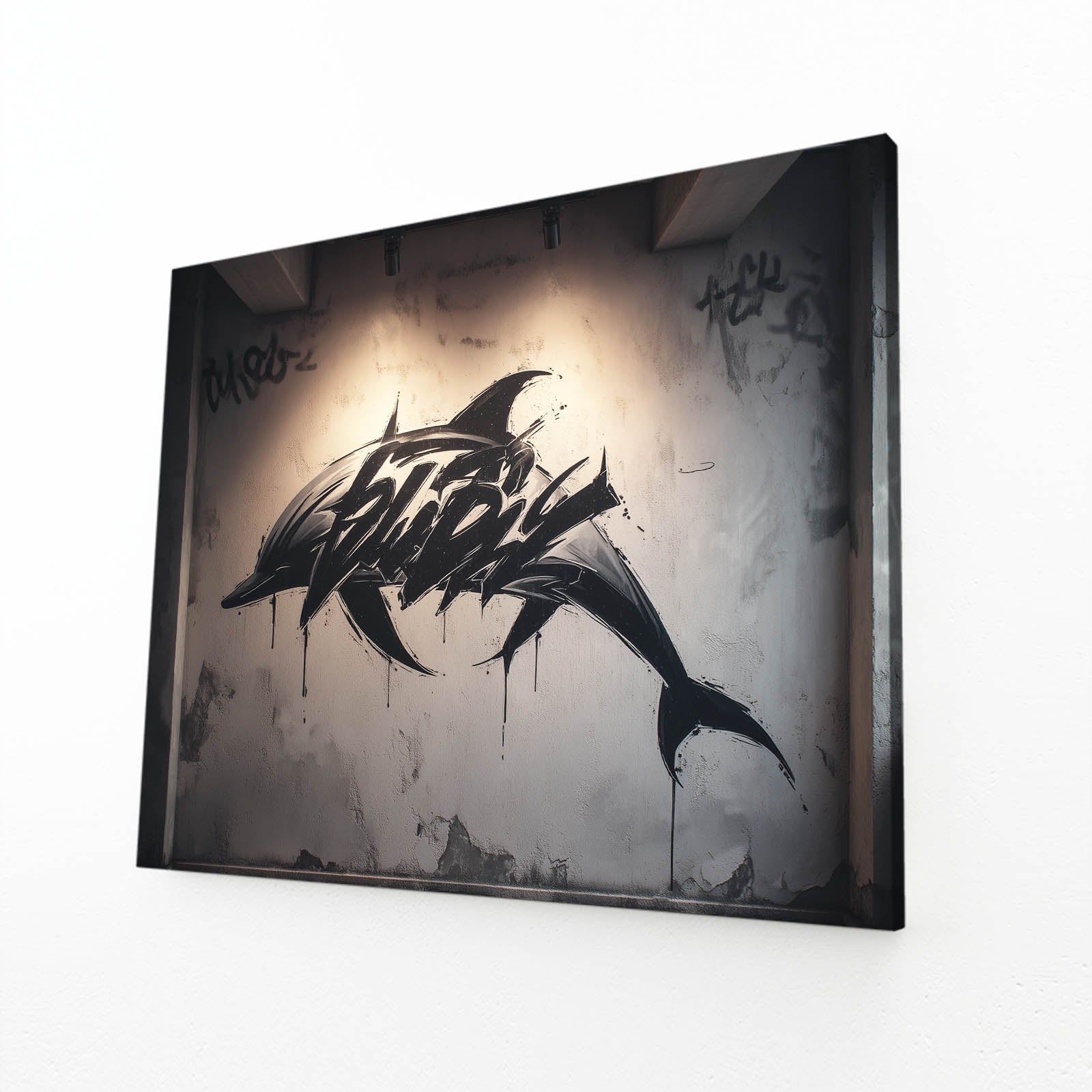 Street Spray Dolphin Wall Art – angled canvas view on white background