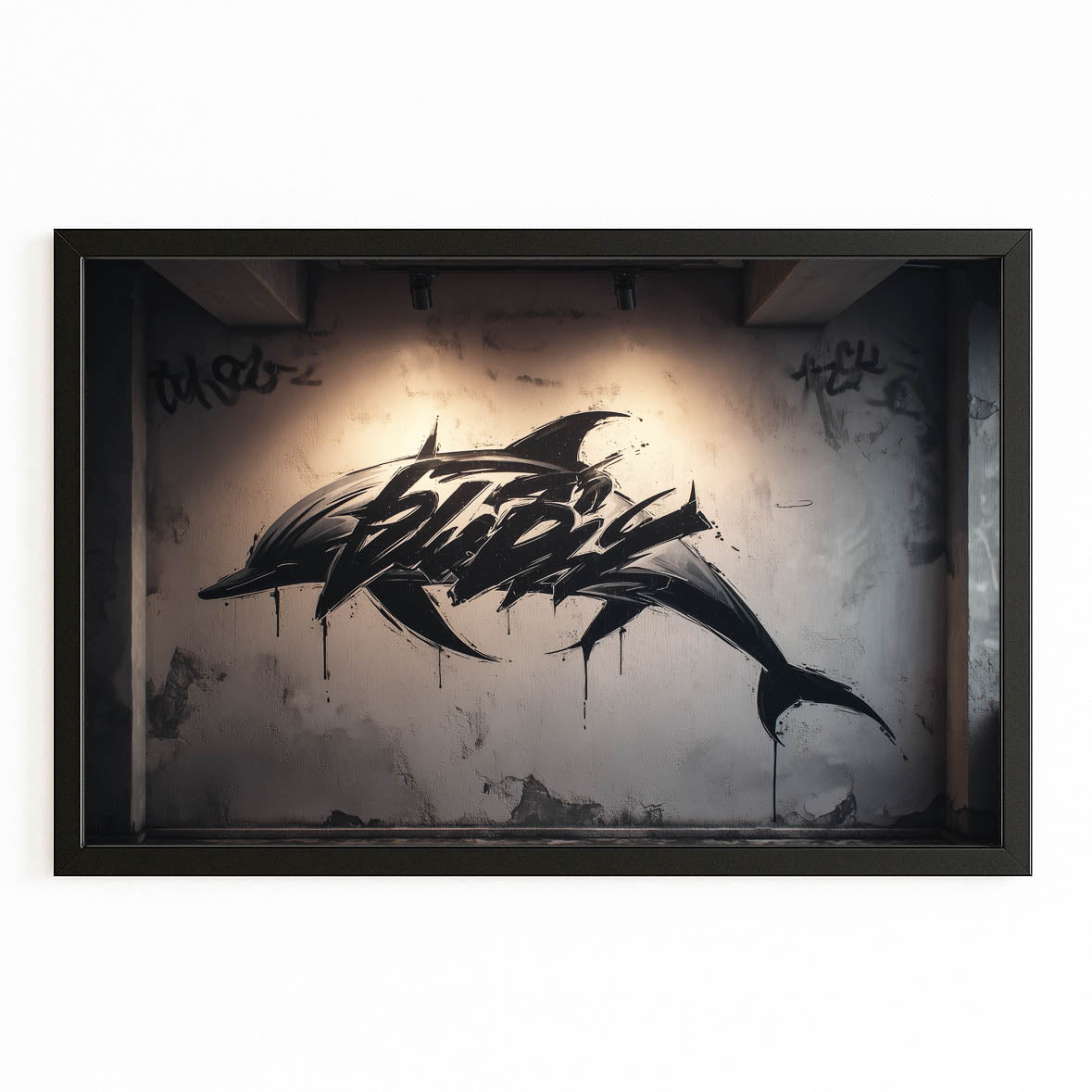 Street Spray Dolphin Wall Art – with Premium Black wood frame on white background