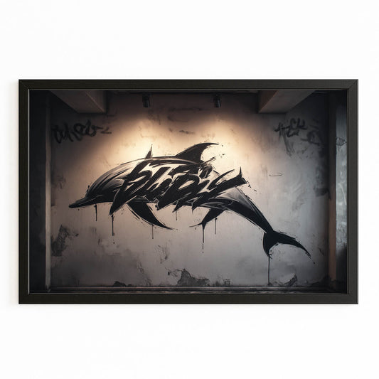 Street Spray Dolphin Wall Art – with Premium Black wood frame on white background