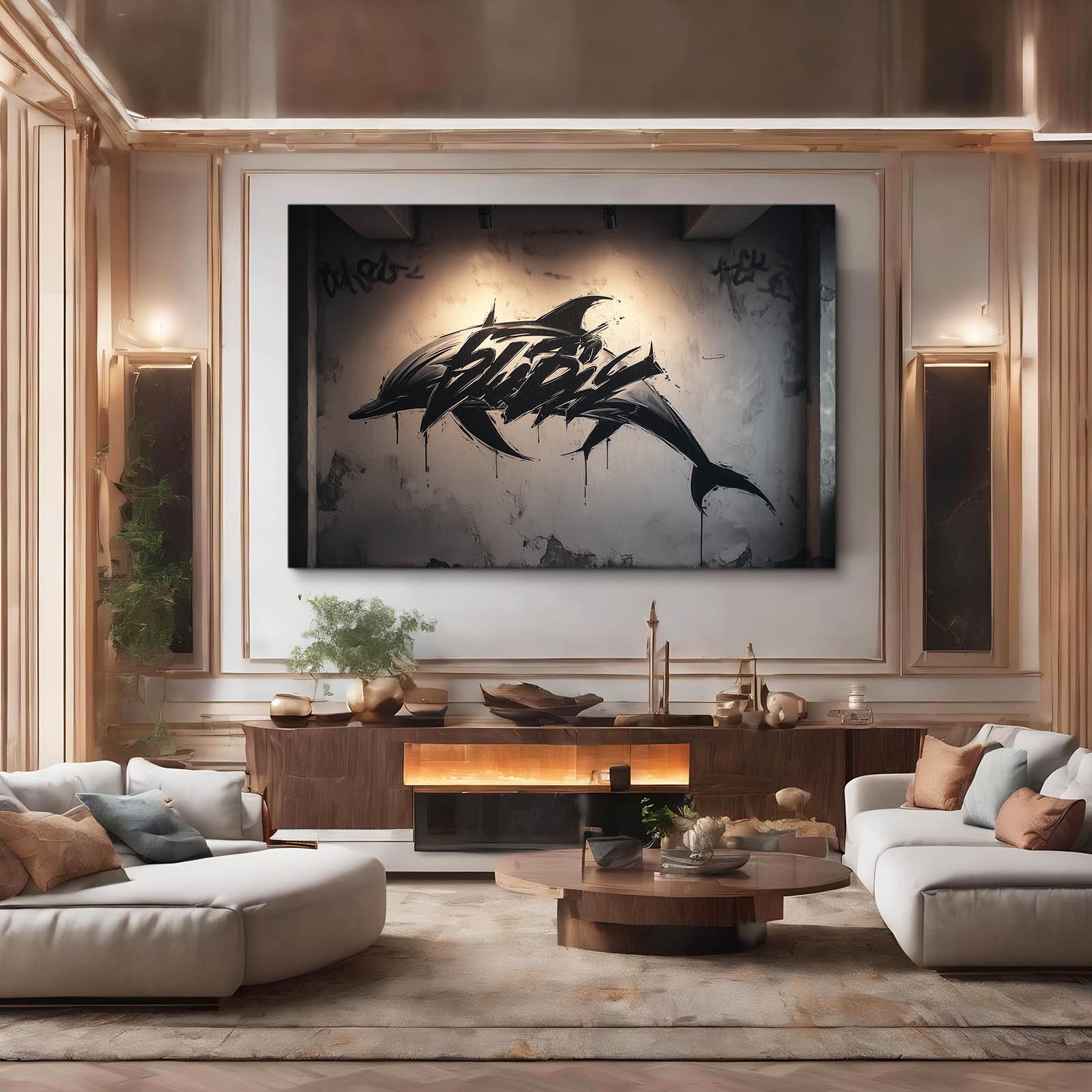 Street Spray Dolphin Wall Art – styled in a furnished interior
