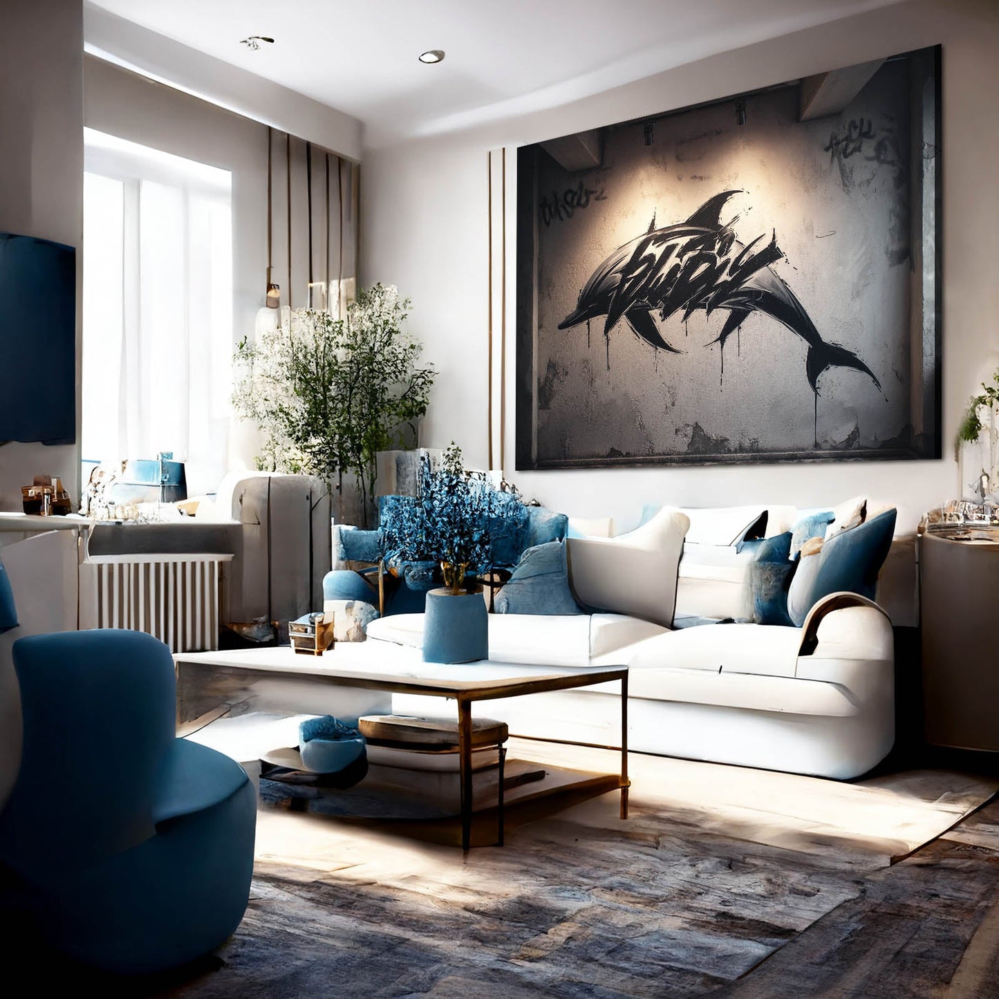 Street Spray Dolphin Wall Art – styled in a furnished interior