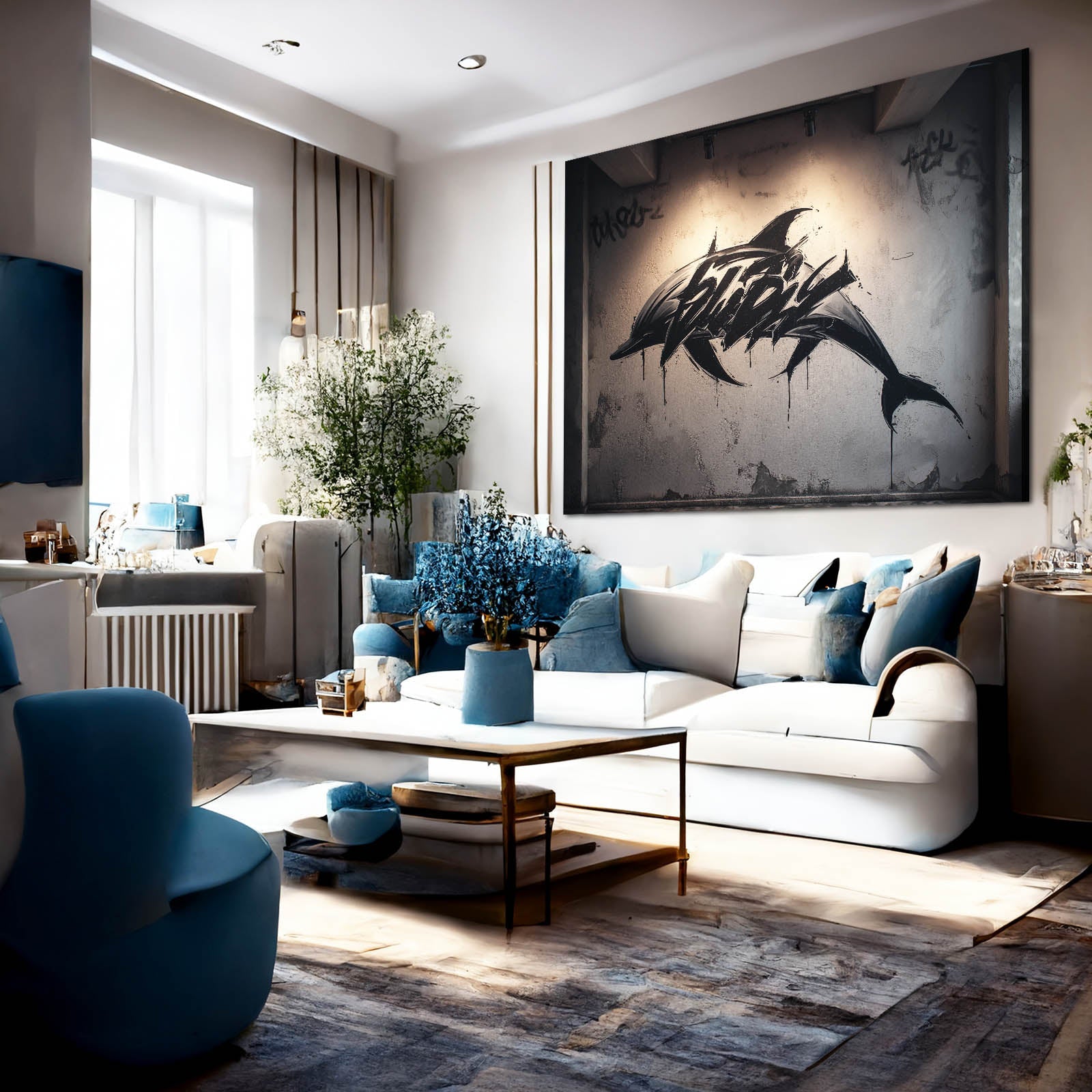 Street Spray Dolphin Wall Art – styled in a furnished interior