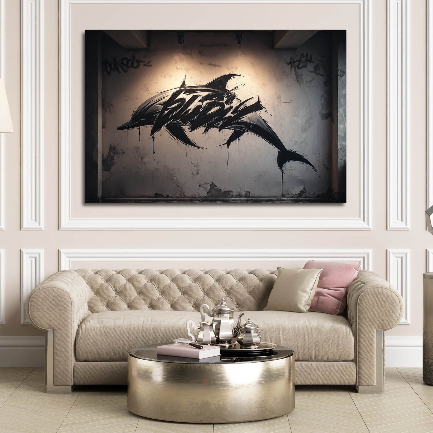 Street Spray Dolphin Wall Art – styled in a furnished interior