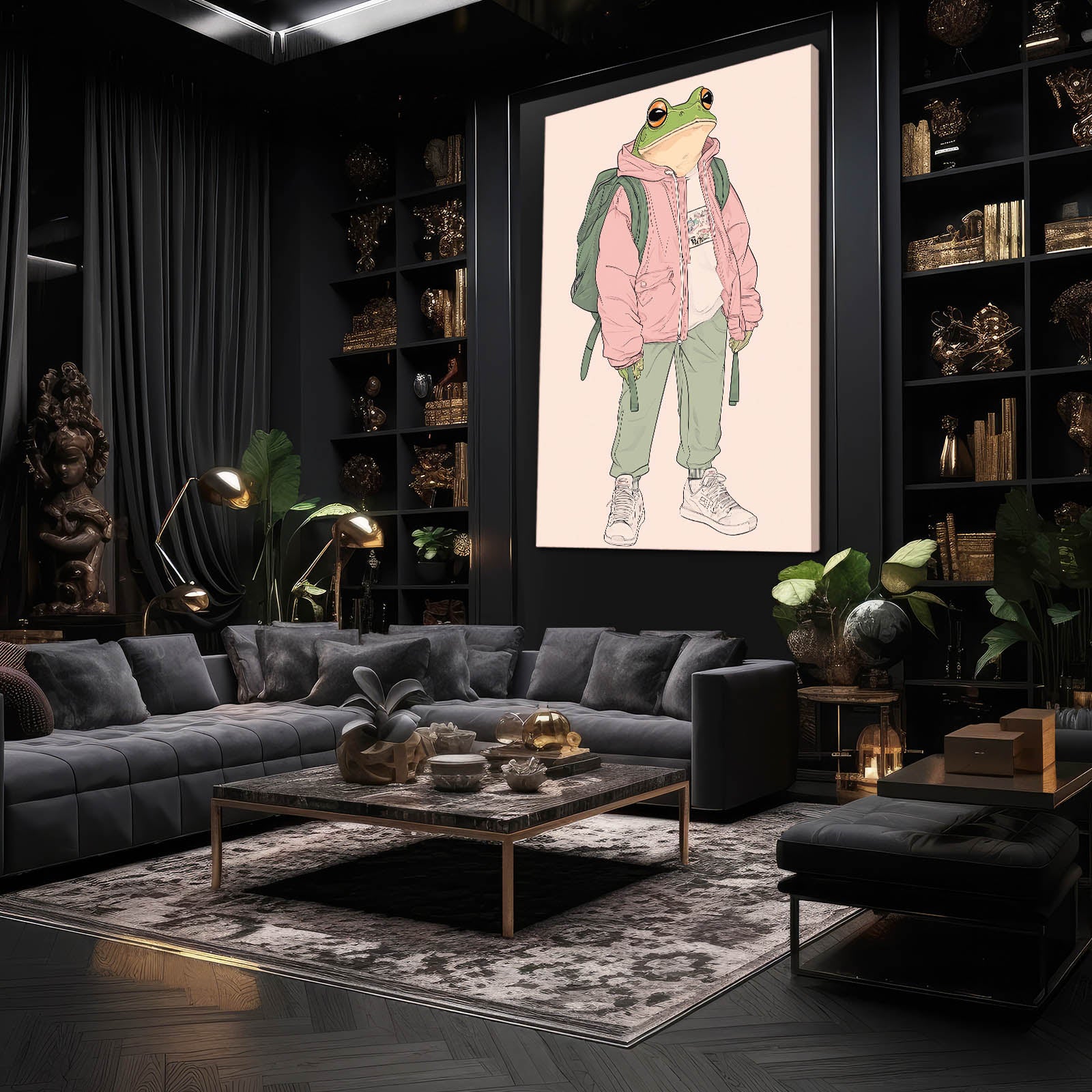 Streetwear Frog Sketch Prints – styled in a furnished interior