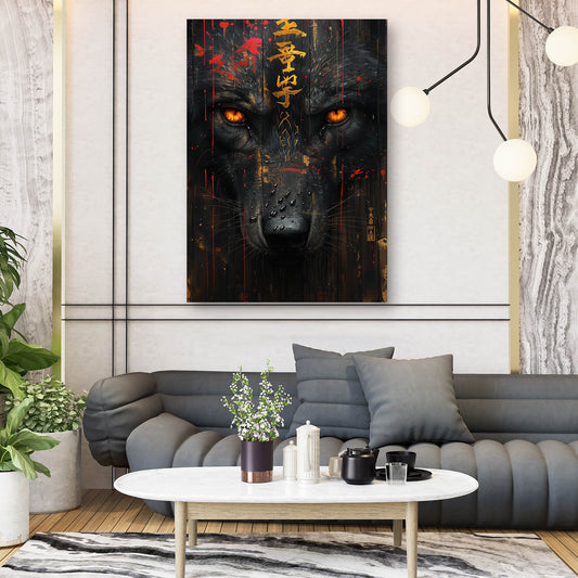 Stylish Wolf Wall Art — landscape canvas print in black tones, view 3