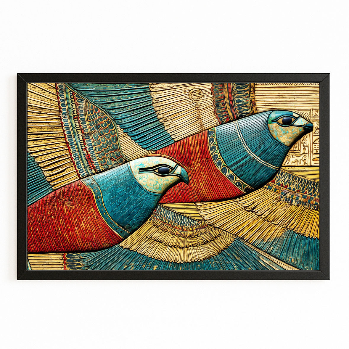 Stylized Horus Bird Egyptian Art – with Premium Black frame on white background