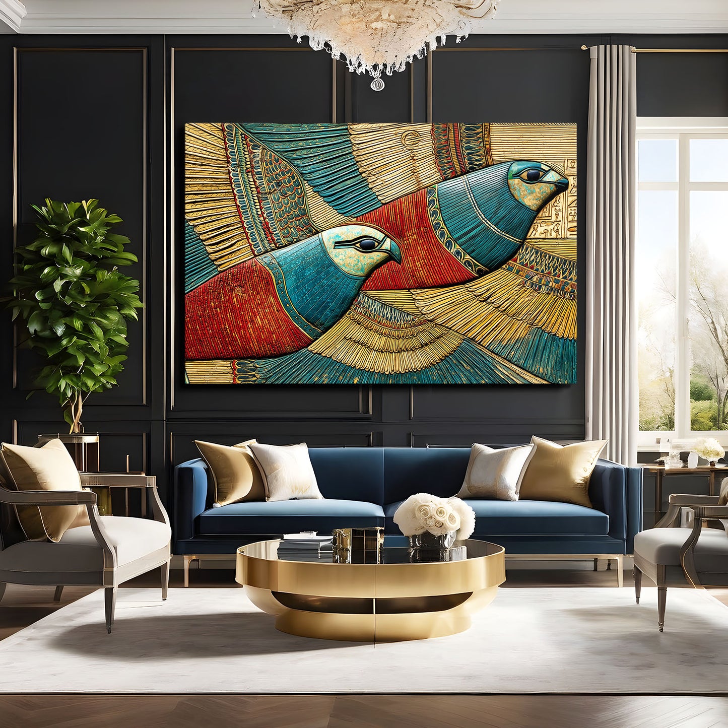 Stylized Horus Bird Egyptian Art – styled in a furnished interior