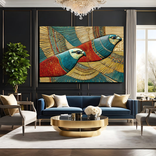 Stylized Horus Bird Egyptian Art – styled in a furnished interior
