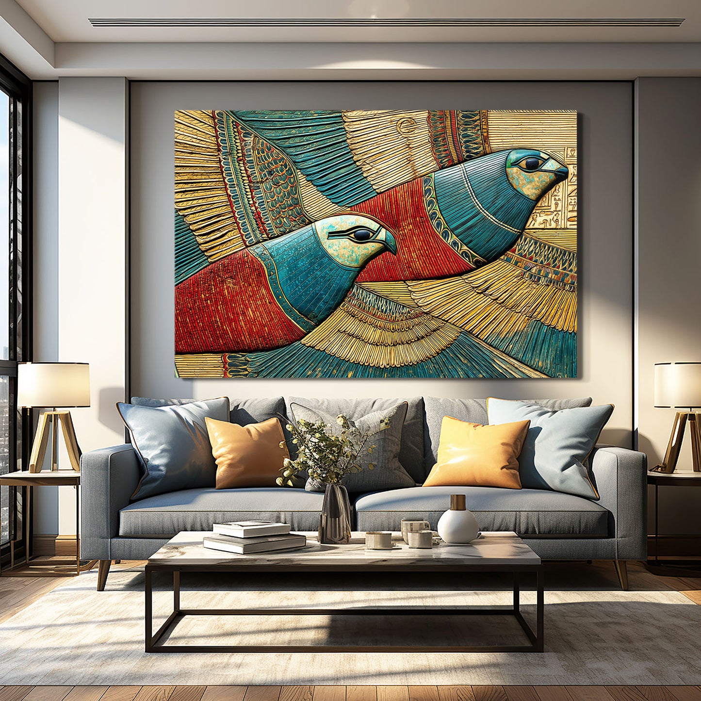 Stylized Horus Bird Egyptian Art – styled in a furnished interior
