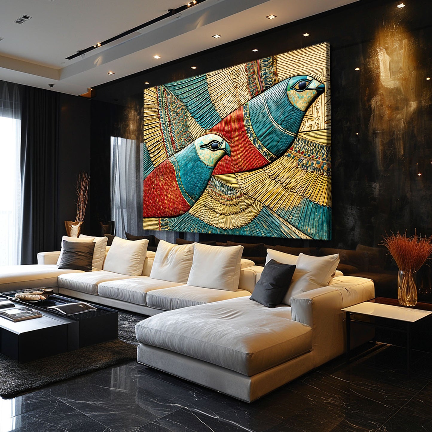 Stylized Horus Bird Egyptian Art – styled in a furnished interior
