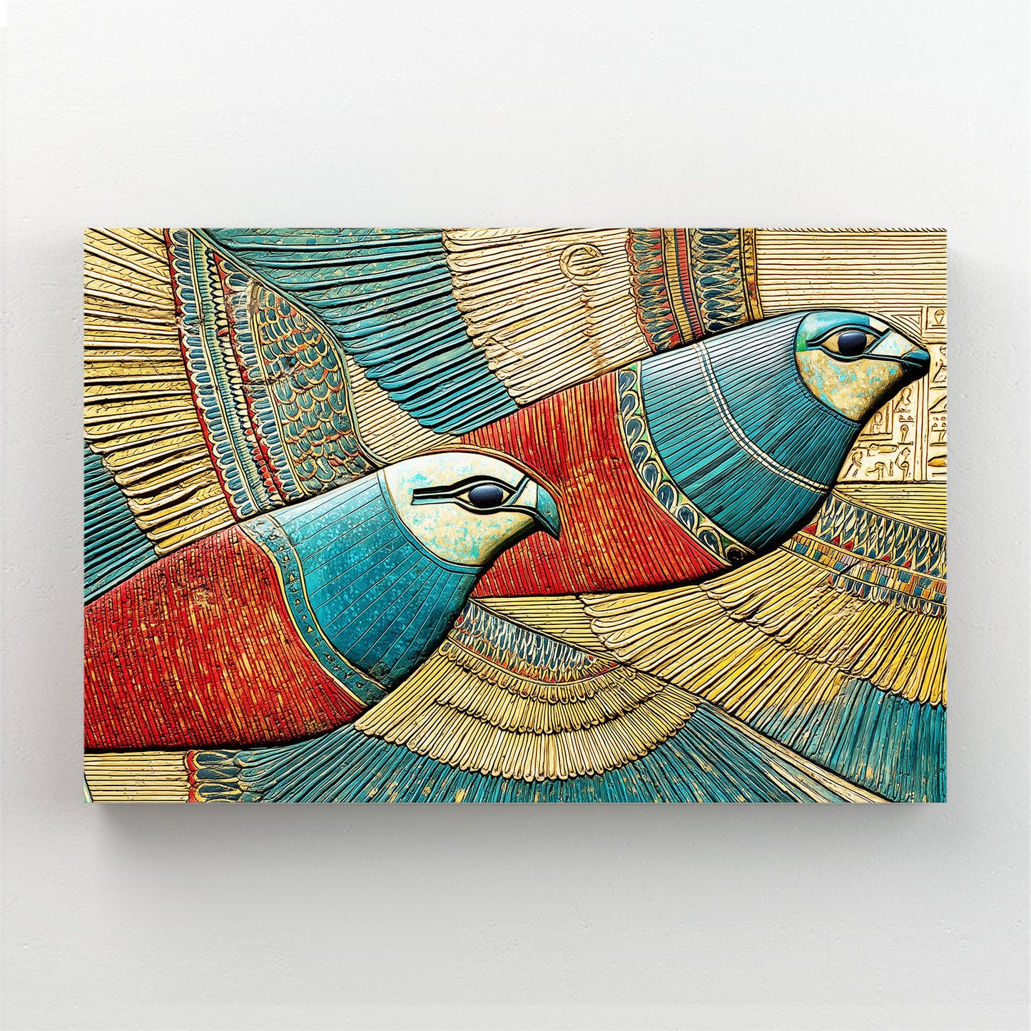 Stylized Horus Bird Egyptian Art – styled in a furnished interior