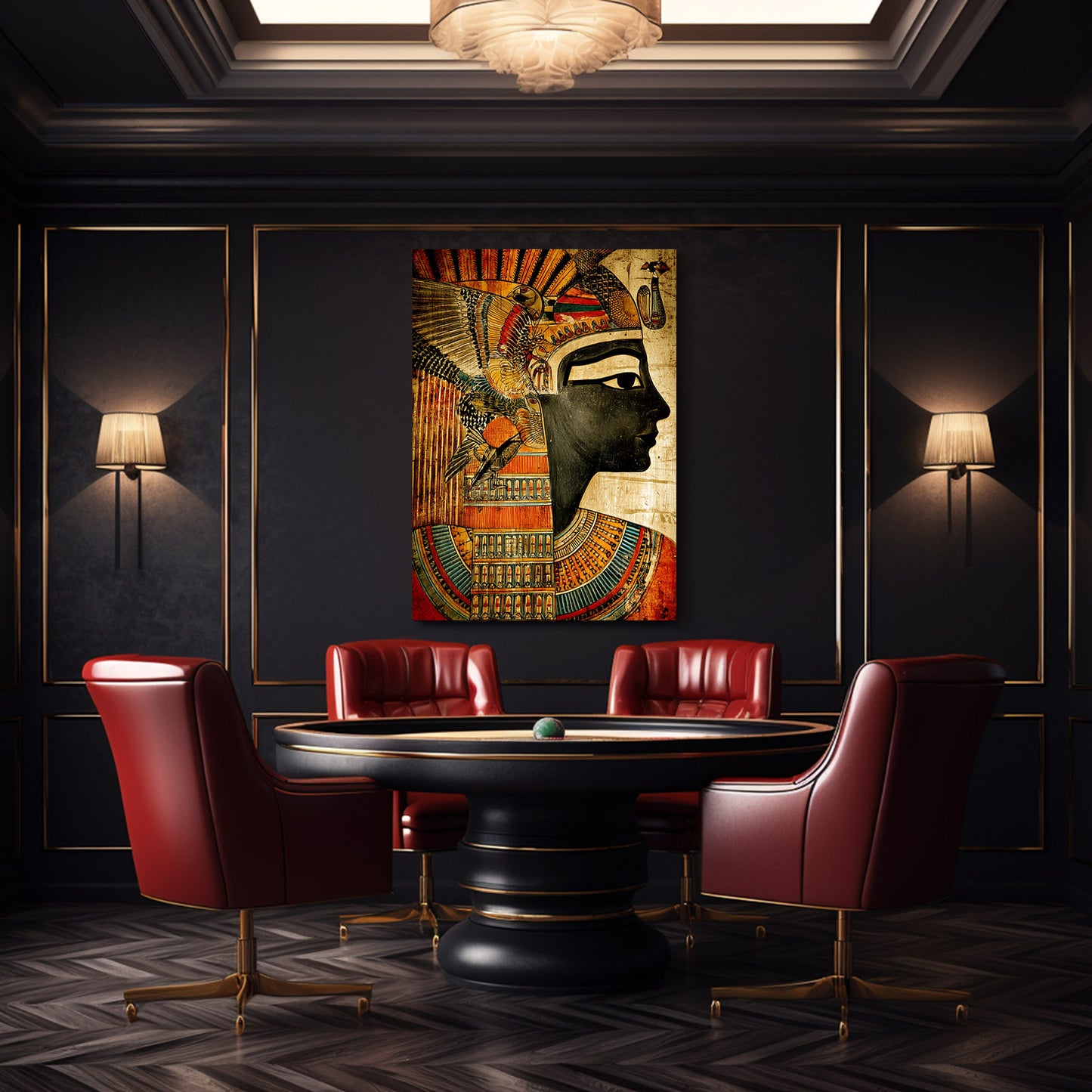 Stylized Pharaoh Headdress Egyptian Wall Decor – styled in a furnished interior