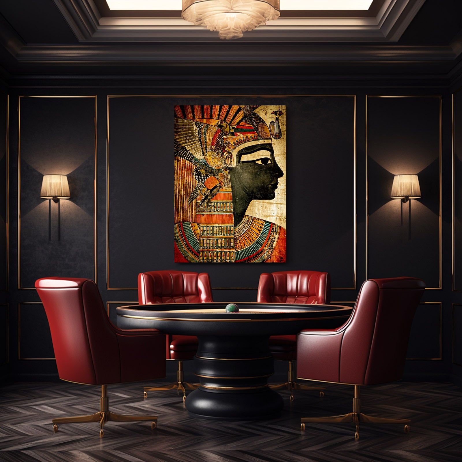 Stylized Pharaoh Headdress Egyptian Wall Decor – styled in a furnished interior