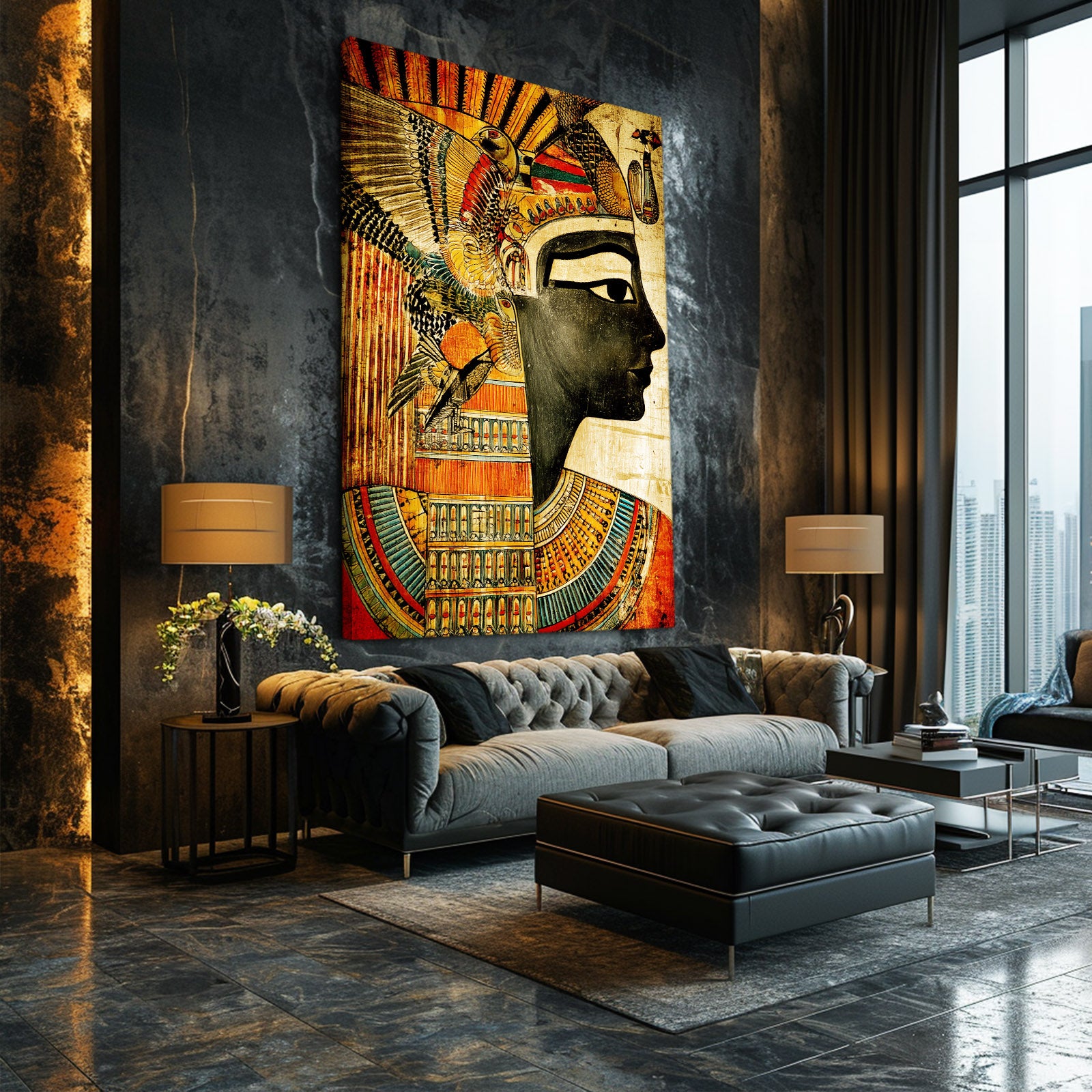 Stylized Pharaoh Headdress Egyptian Wall Decor – styled in a furnished interior