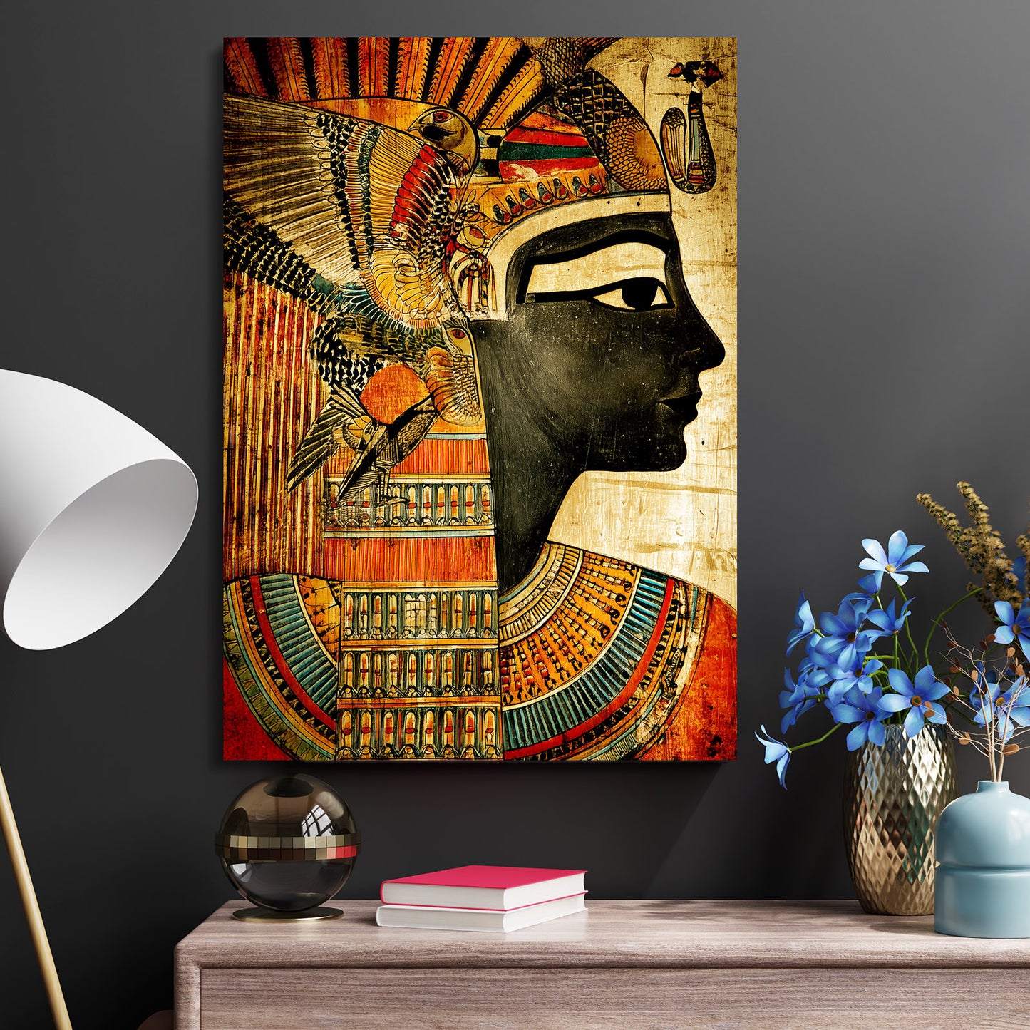 Stylized Pharaoh Headdress Egyptian Wall Decor – styled in a furnished interior