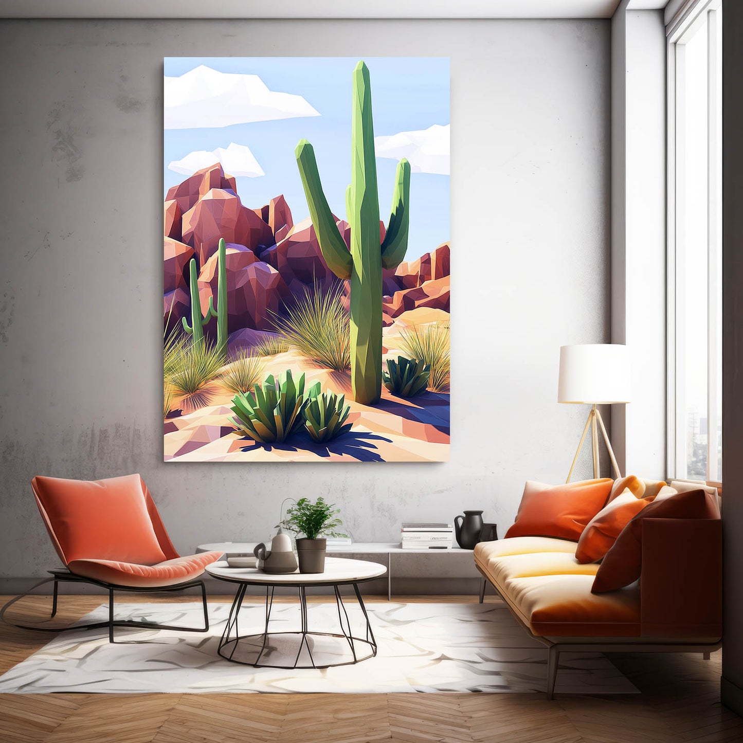 Stylized Rock Desert Cactus Canvas Art – styled in a furnished interior