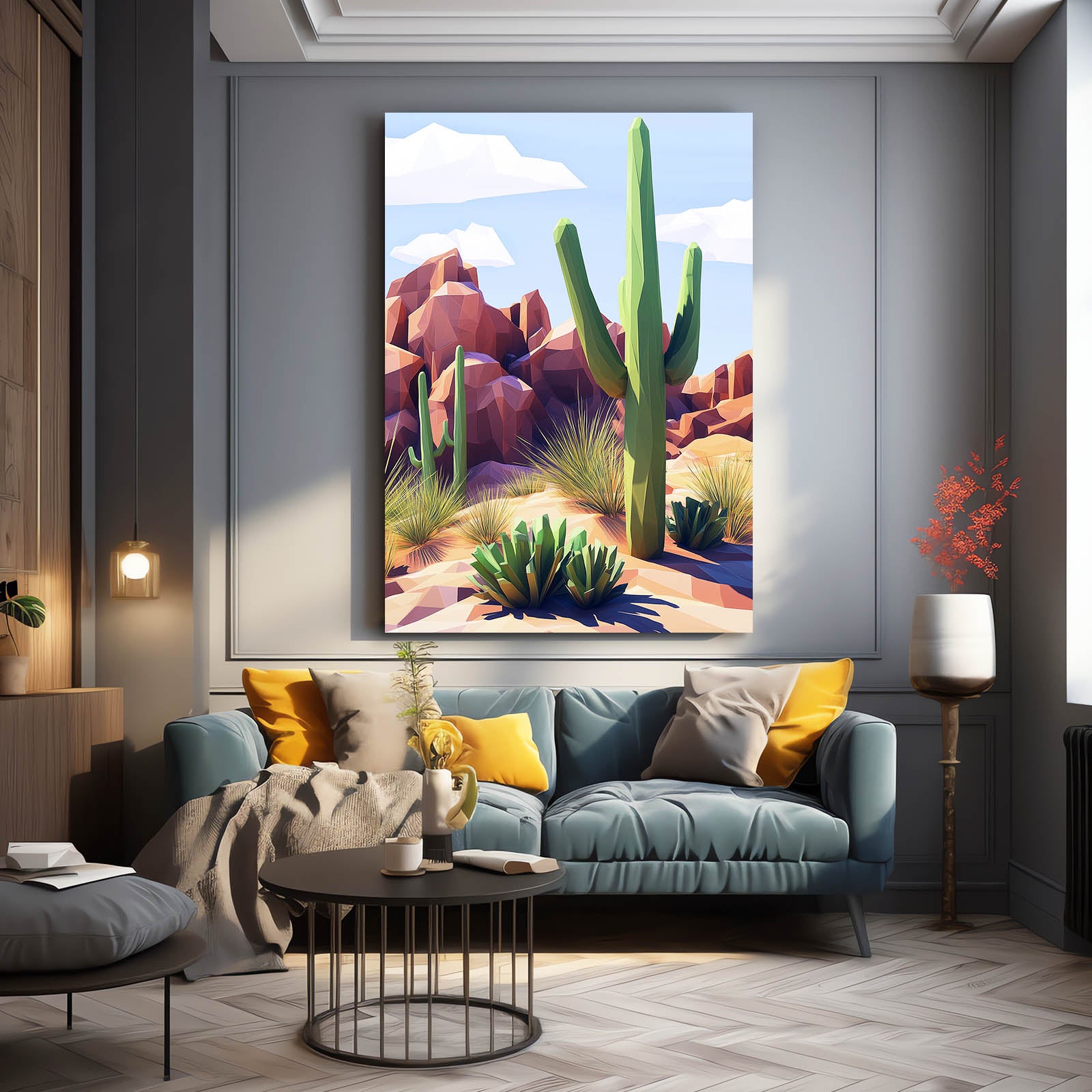 Stylized Rock Desert Cactus Canvas Art – styled in a furnished interior