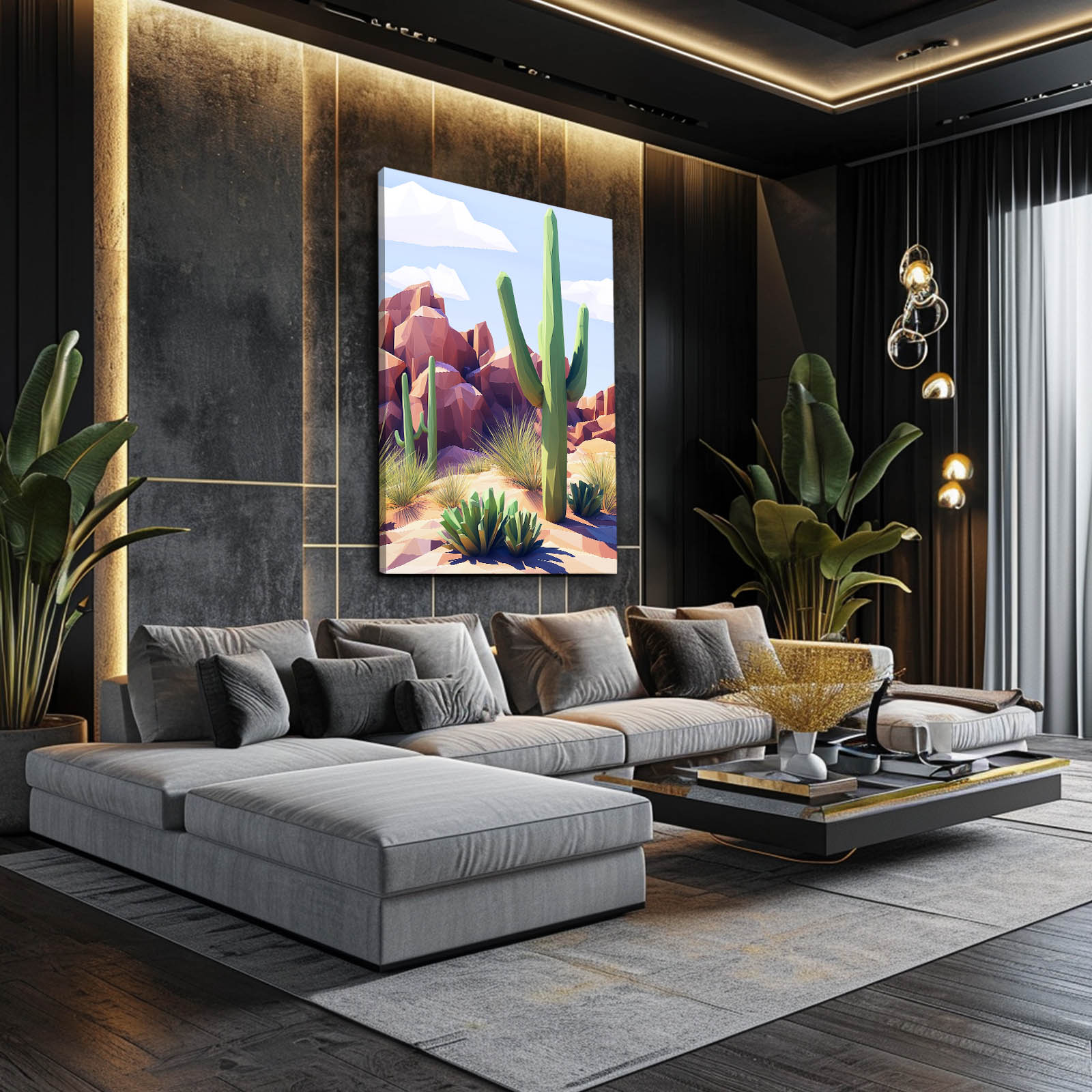 Stylized Rock Desert Cactus Canvas Art – styled in a furnished interior