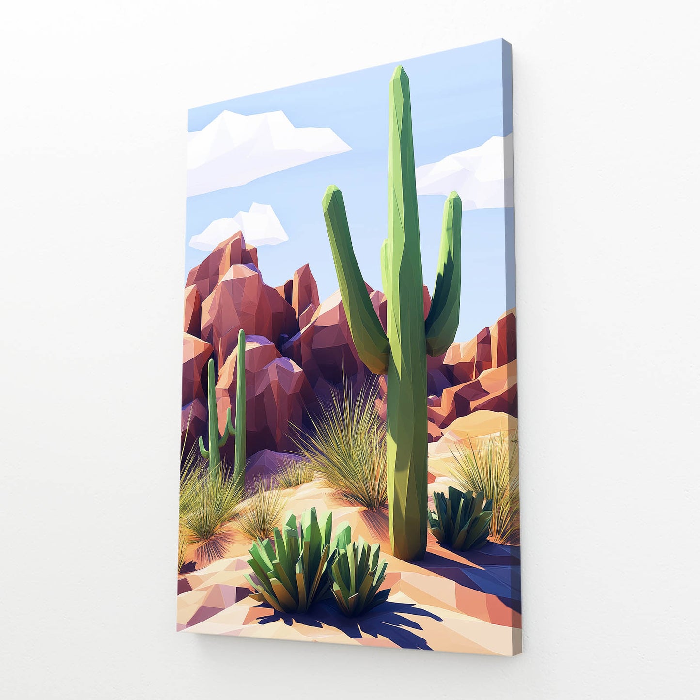 Stylized Rock Desert Cactus Canvas Art – angled canvas view on white background