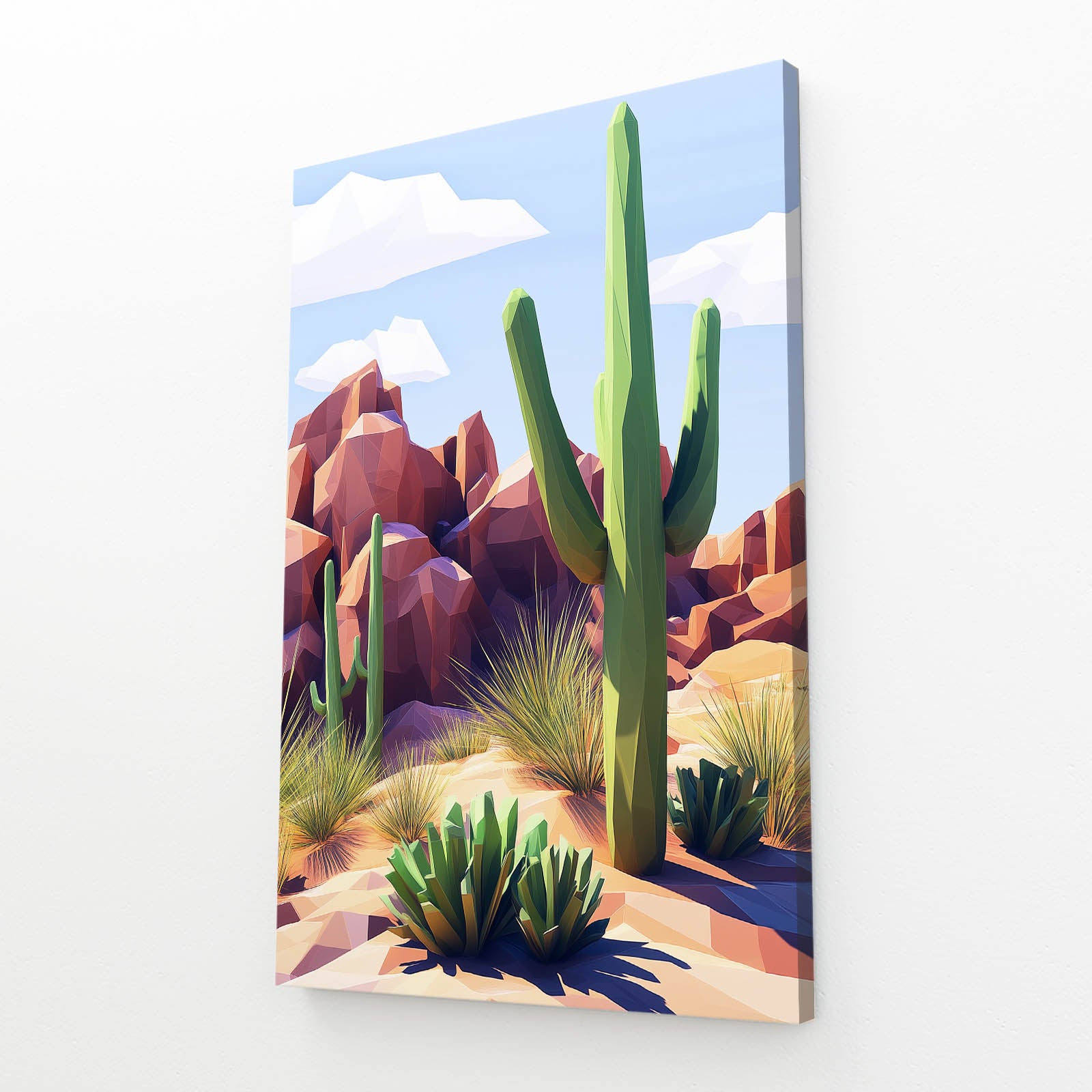 Stylized Rock Desert Cactus Canvas Art – angled canvas view on white background