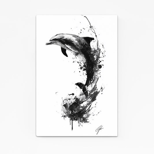 Sumi Ink Dolphin Art – two dolphins diving in bold sumi-e ink splashes, black on white