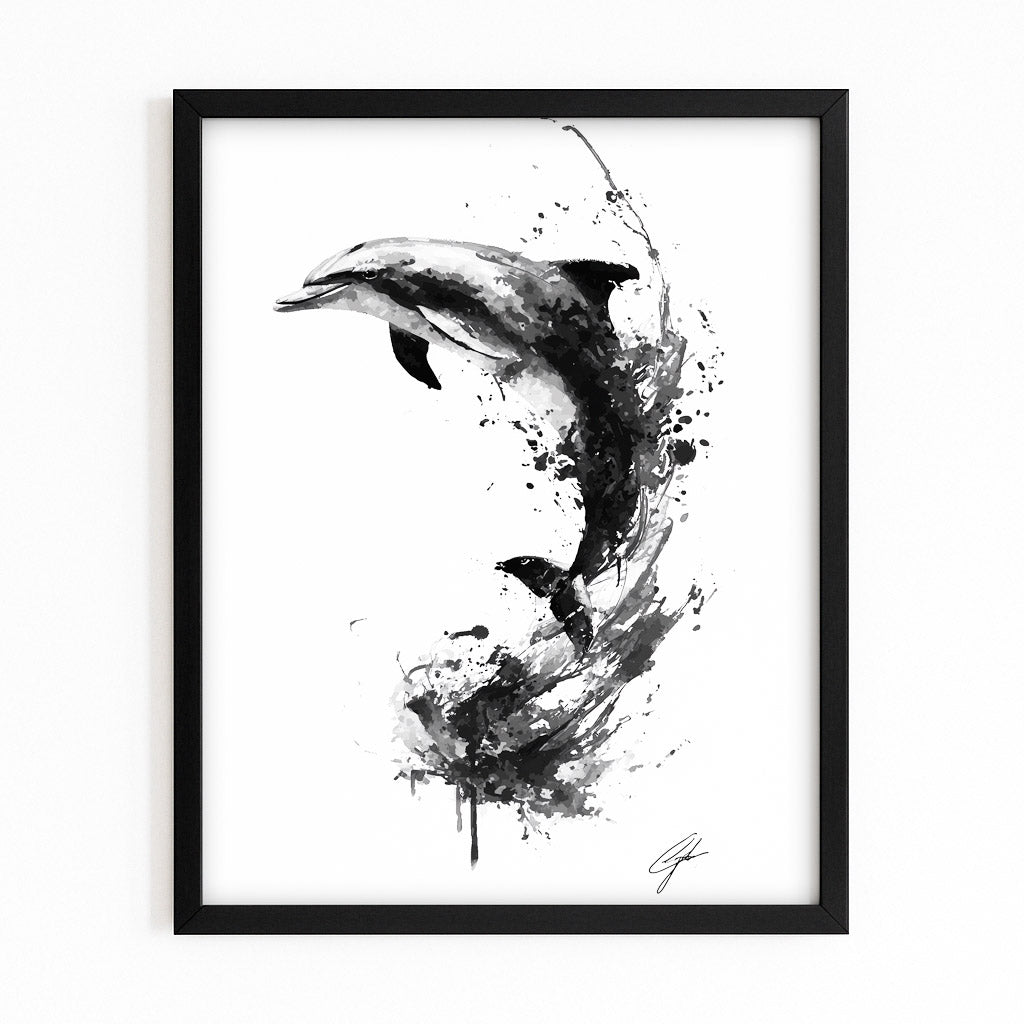 Sumi Ink Dolphin Art – with Premium Black wood frame on white background