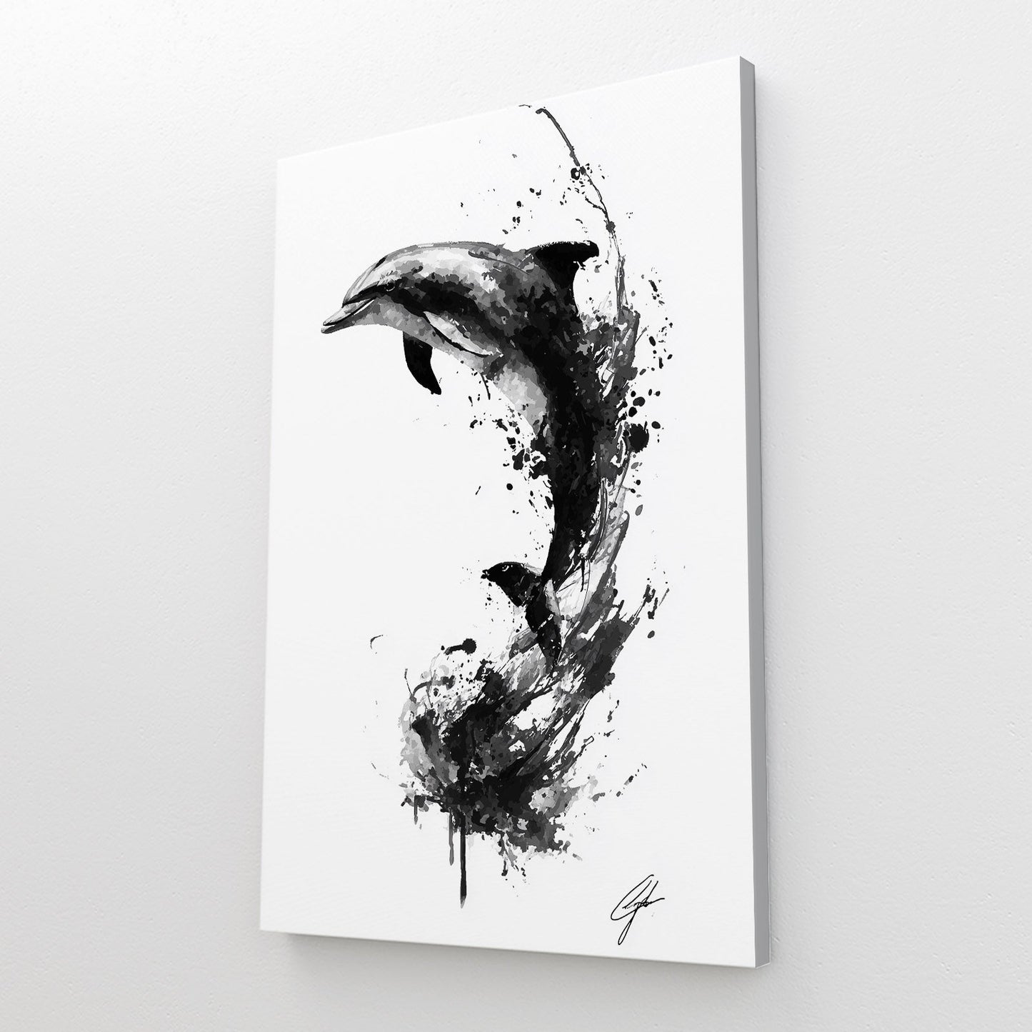 Sumi Ink Dolphin Art – styled in a furnished interior