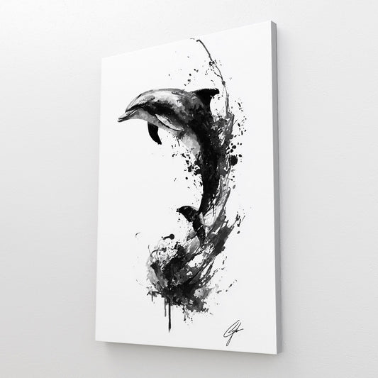 Sumi Ink Dolphin Art – styled in a furnished interior