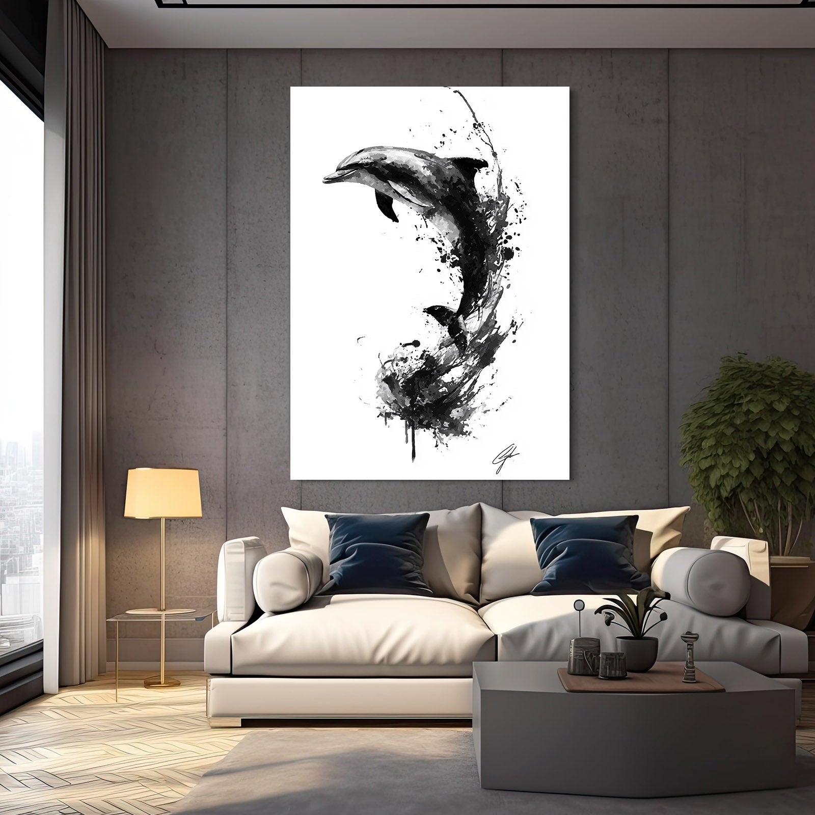 Sumi Ink Dolphin Art – styled in a furnished interior