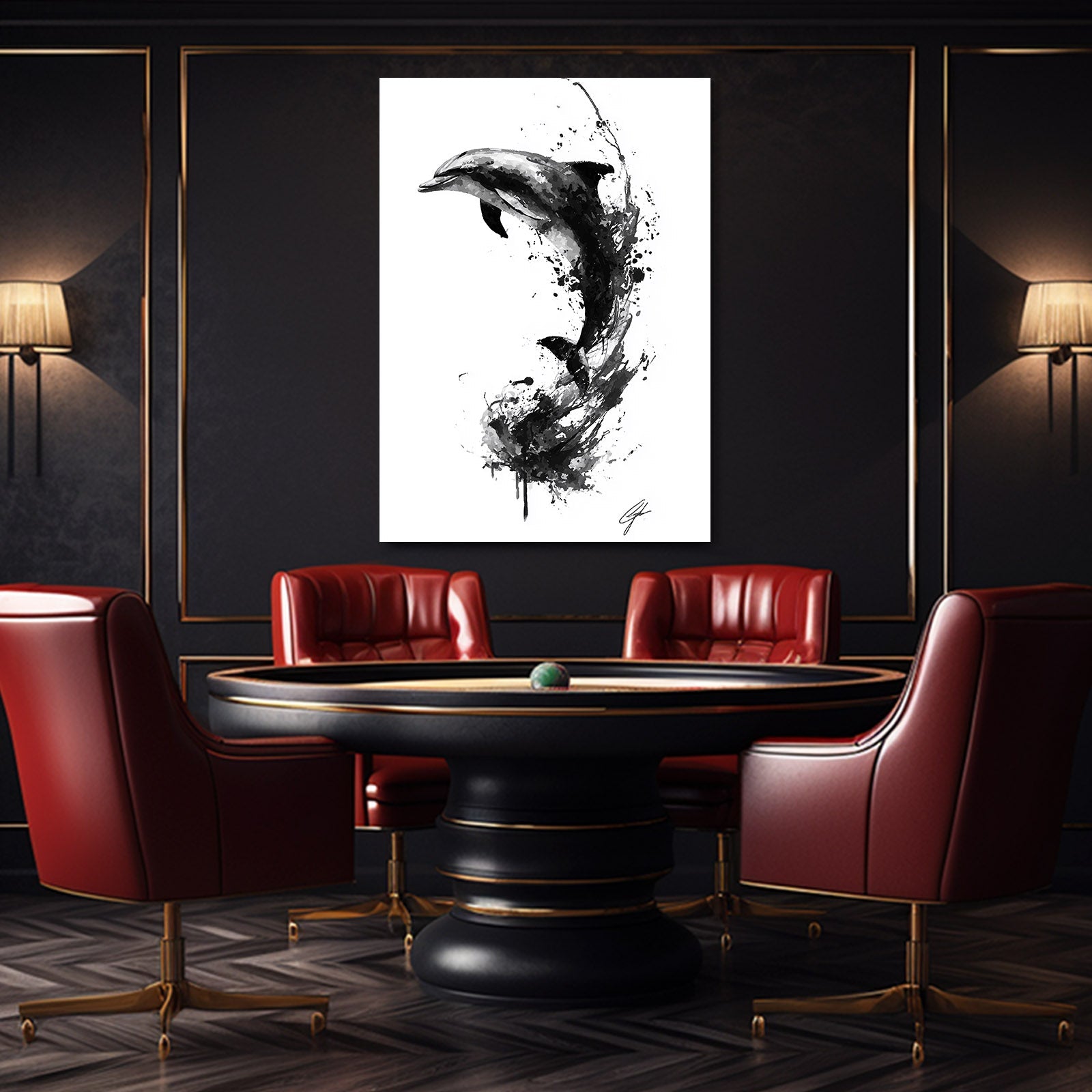 Sumi Ink Dolphin Art – styled in a furnished interior