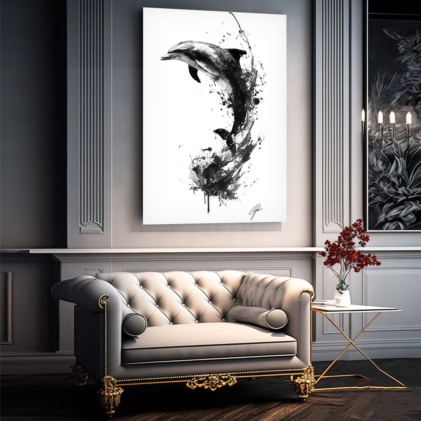 Sumi Ink Dolphin Art – styled in a furnished interior
