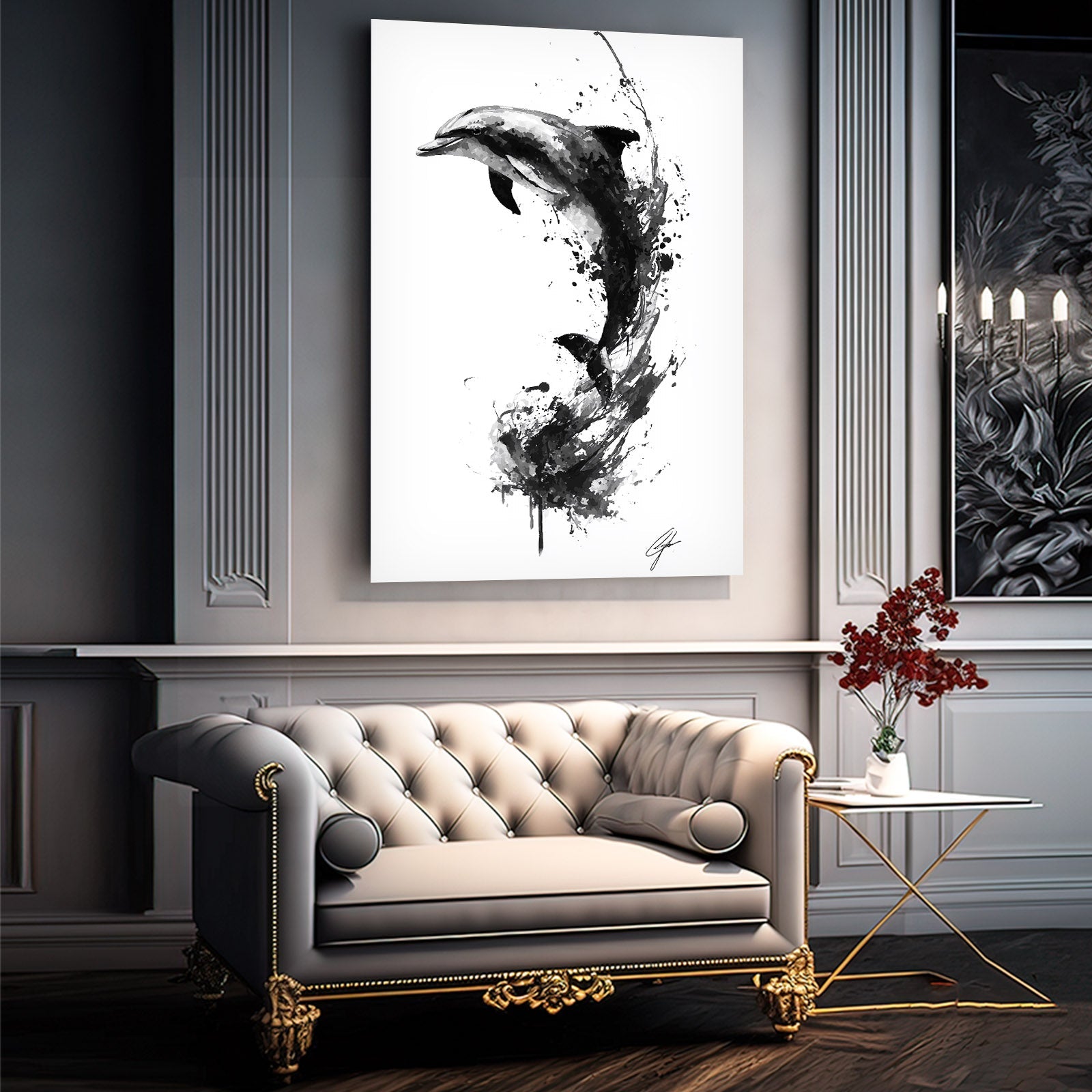 Sumi Ink Dolphin Art – styled in a furnished interior