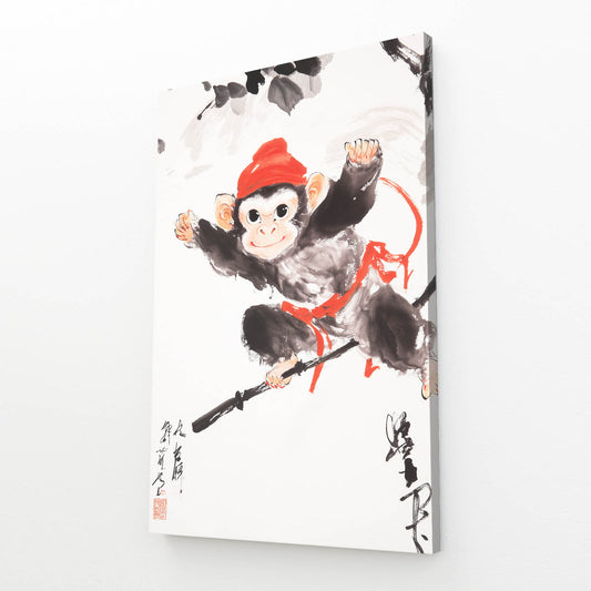 Sumi Ink Red Cap Monkey Canvas – canvas print on white background