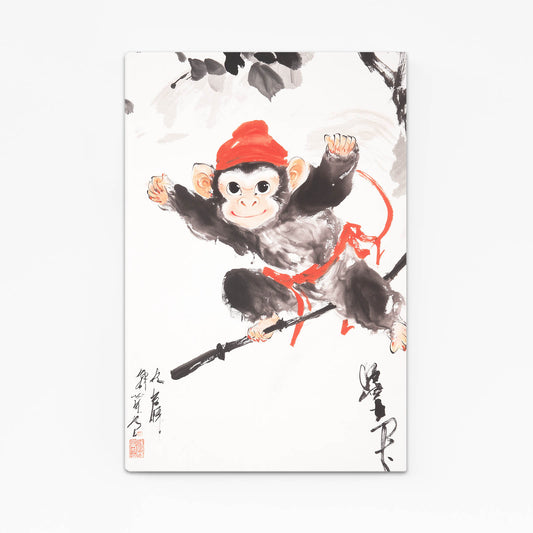 Sumi Ink Red Cap Monkey Canvas – angled canvas view on white background