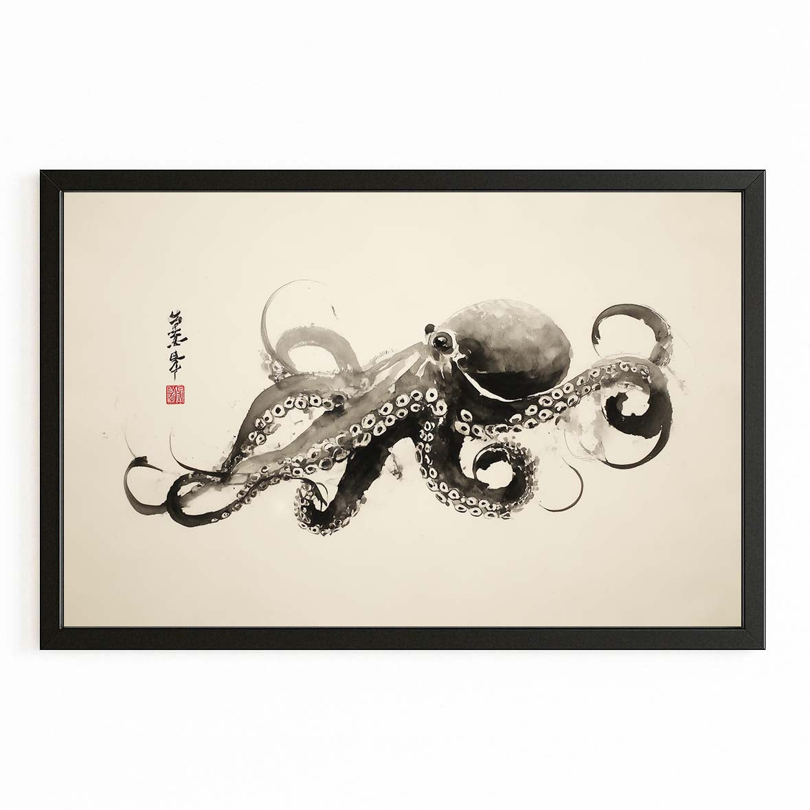 Sumi Ink Scroll Octopus Canvas Art – with Premium Black frame on white background