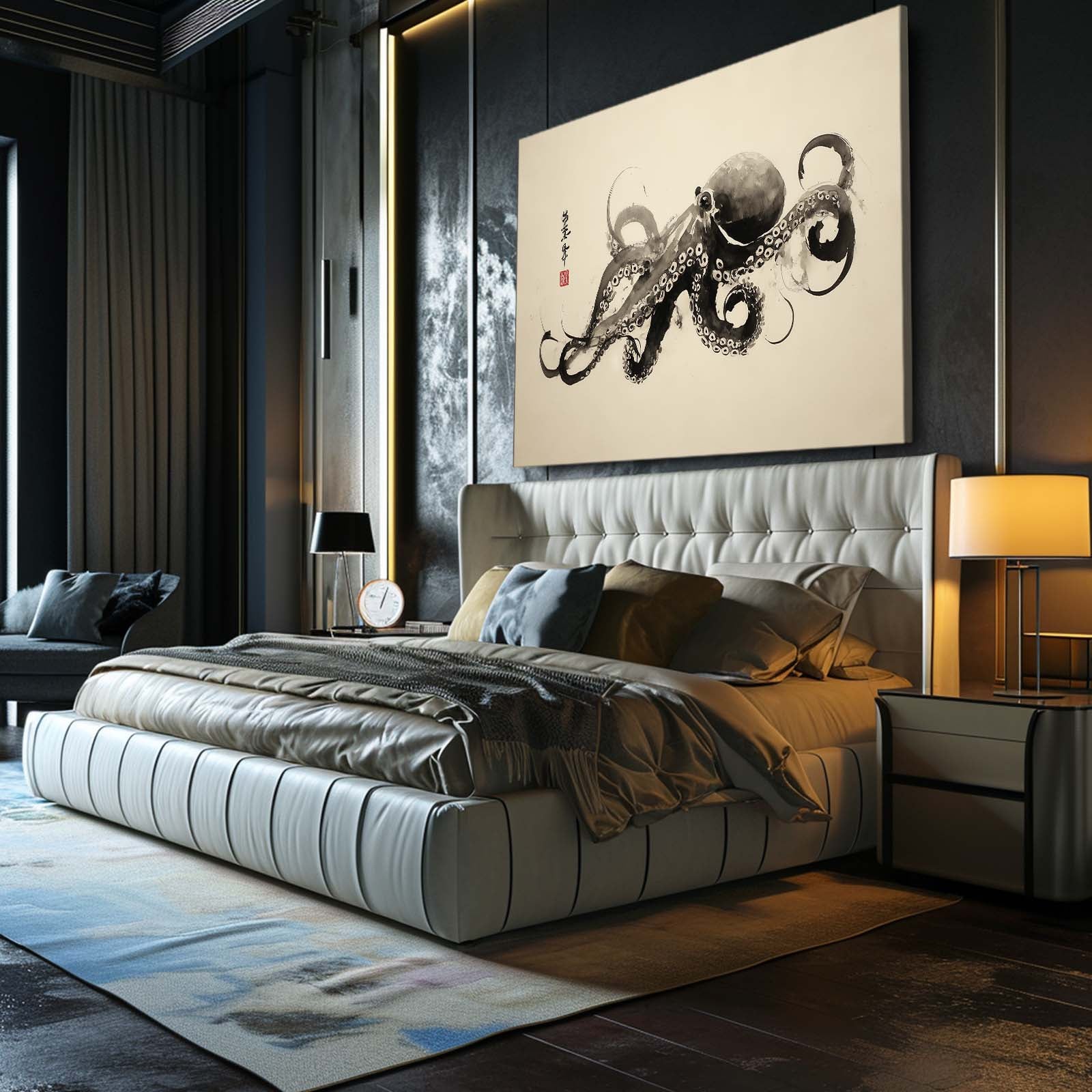Sumi Ink Scroll Octopus Canvas Art – styled in a furnished interior